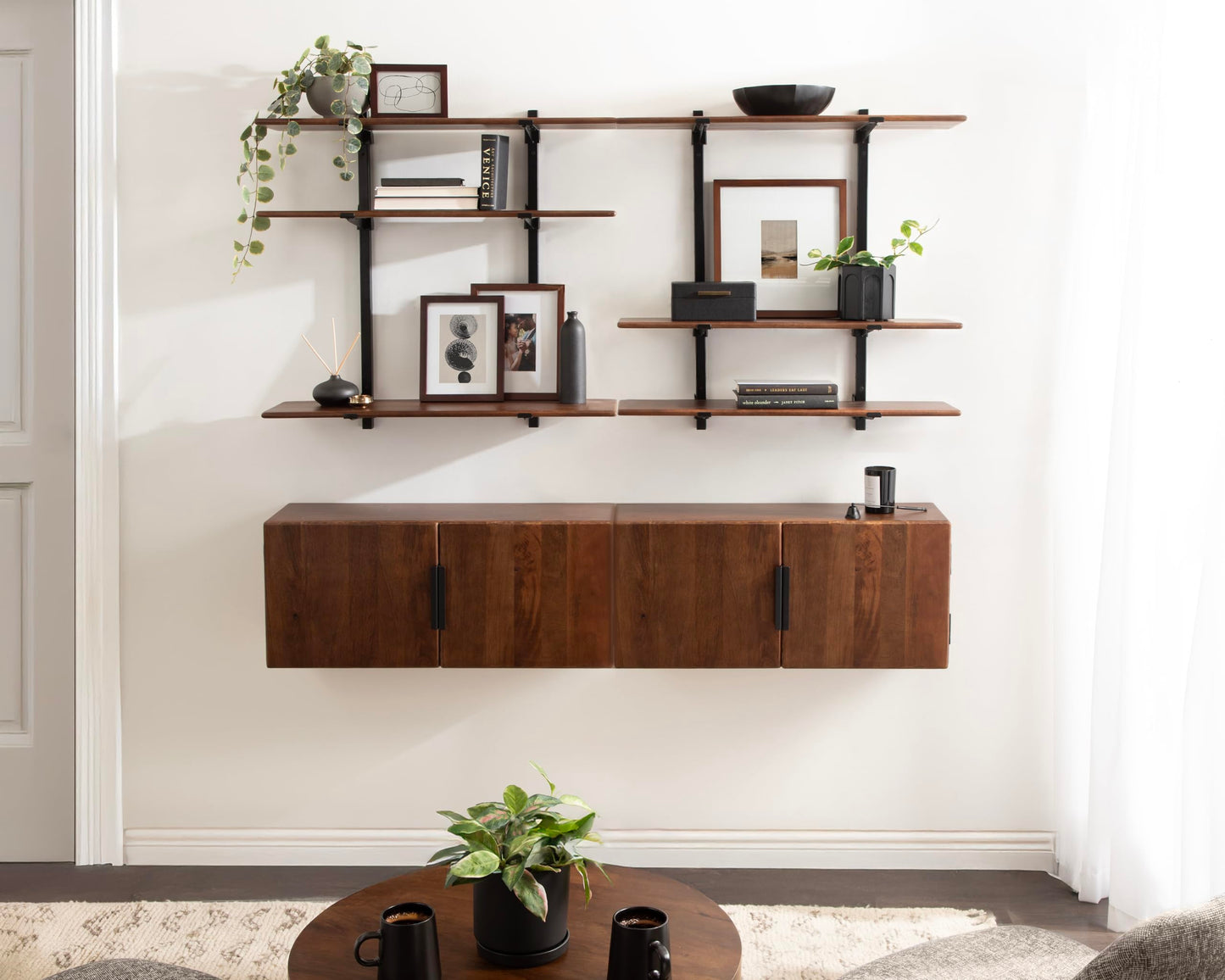 Kate and Laurel Atwood Modern Mango Wood Two-Door Wall Cabinet, 32 x 10 x 14, Walnut Brown, Decorative Storage Cabinet with Metal Pulls for Use as Floating Nightstand or Floating TV Shelf