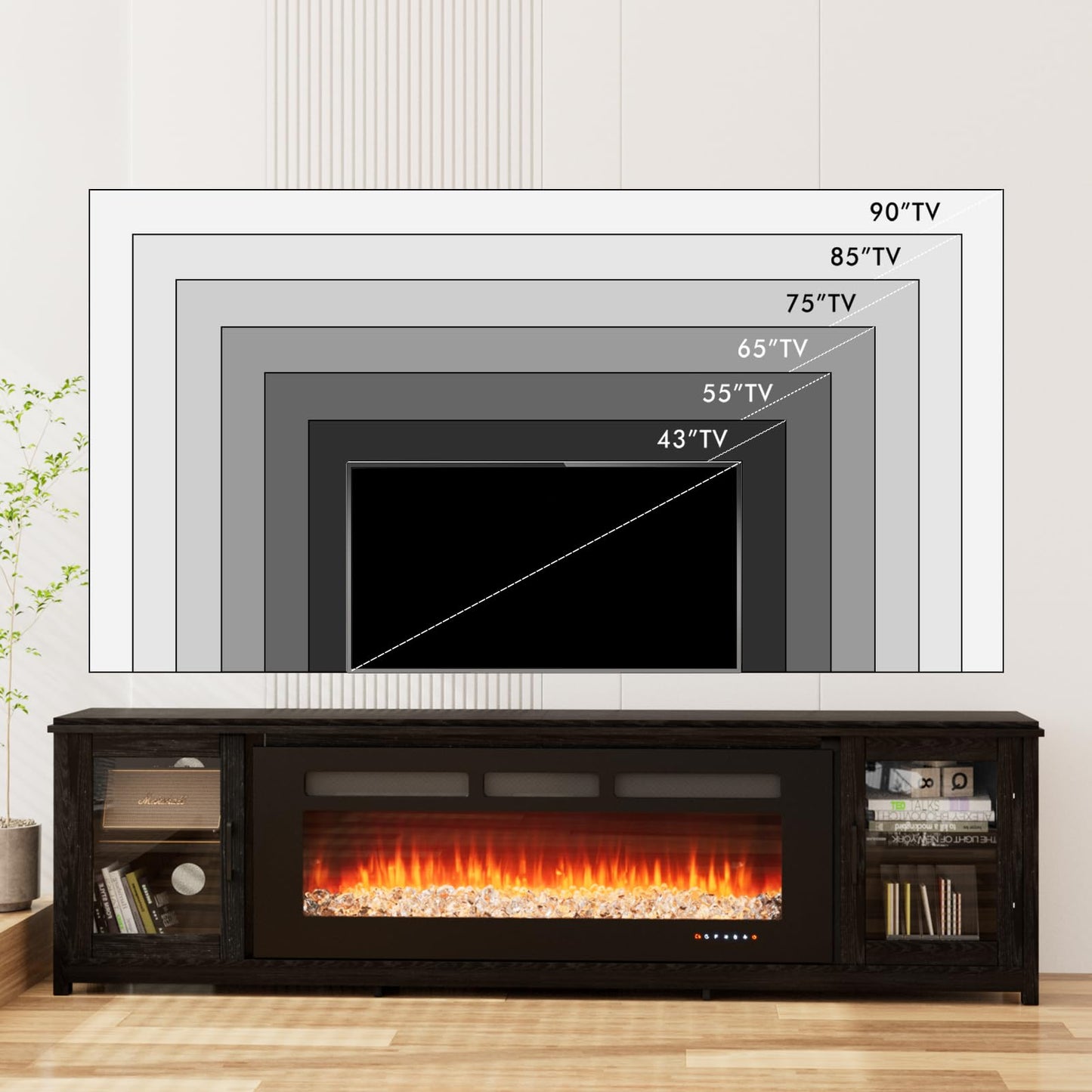 OneBlis 80" Fireplace TV Stand, Modern Entertainment Center with 50" Electric Fireplace for TVs Up to 90", TV Console for Living Room, All Black