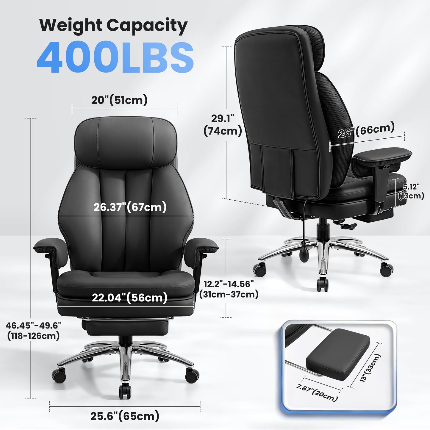 BestGlory Office Desk Chair with Inflatable Lumbar Support, Ergonomic Office Chair [Upgraded Double-Layer Cushion & Footrest], 400 LBS Big and Tall Computer Desk Chair for Home Office Gaming, Black