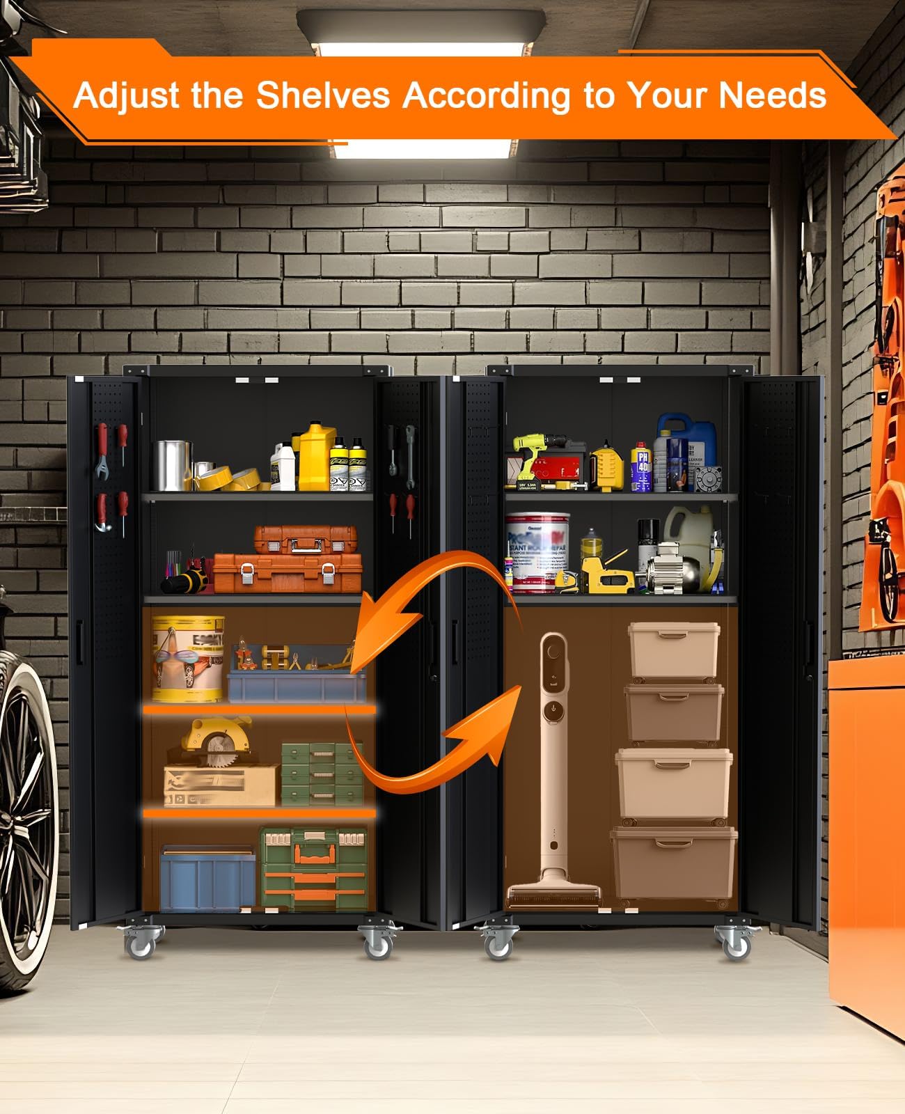 Garvee 72 in Tall Garage Storage Cabinet – 600 LB Capacity Metal Tool Cabinet with Magnetic Lock, 4 Adjustable Shelves & Wheels, Heavy-Duty Steel Storage for Workshop, Home & Office