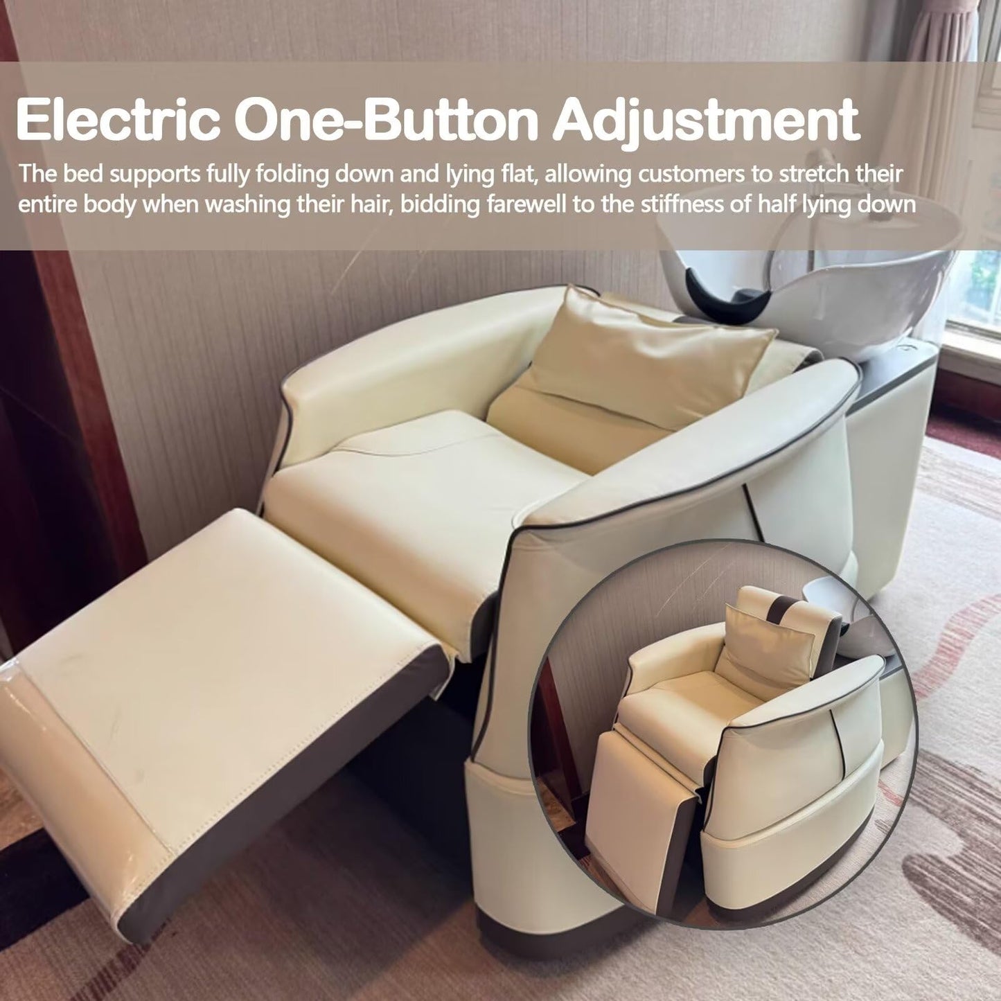 HHEvergreenEnsemble Salon Shampoo Bowl - Backwash Unit Set with Electric One-Button Adjustment, Shampoo Chair Includes High-End Luxury Style, Round Ceramic Sink