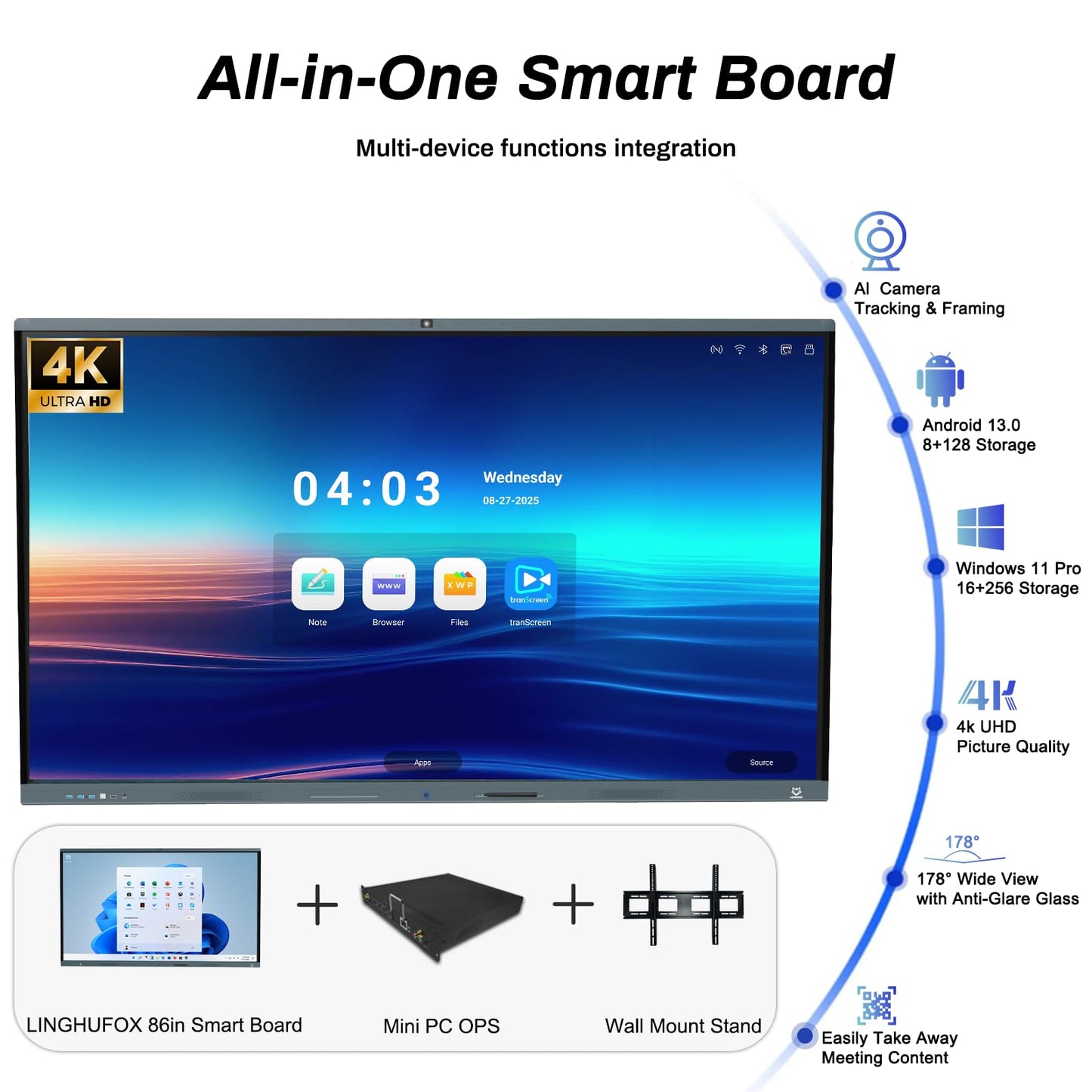 LINGHUFOX Smart Board, 86 Inch 4K Touchscreen Interactive Whiteboard with Windows 11 Pro 13th & Android 13, All in One Computer Display Built in AI Camera and 8 Mics for Office Classroom Home