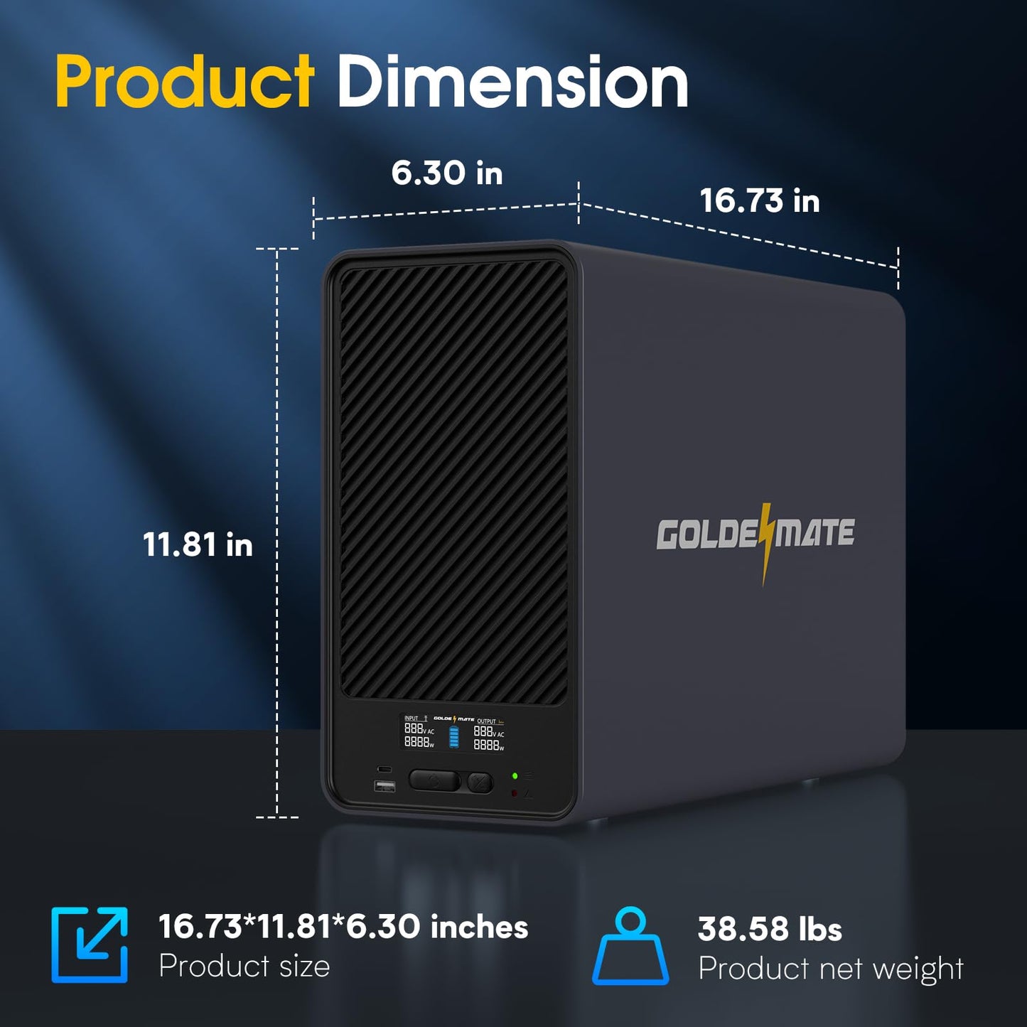 GOLDENMATE 2000VA/1600W Lithium UPS Battery Backup and Surge Protector, Backup Battery Power Supply with LiFePO4 Batteries(460Wh), AVR, Line Interactive Sinewave UPS System, 8 Ports, LCD Screen, Gray