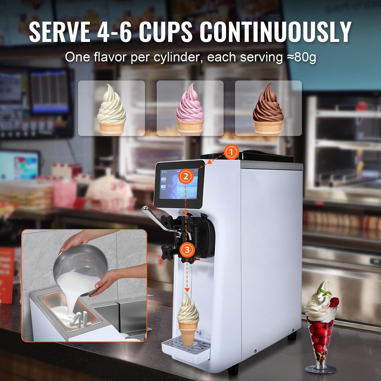 VEVOR Commercial Ice Cream Machine, 1000W Single Flavor Soft Serve Ice Cream Maker, 10.6 QT/H Yield, 4L Hopper & 1.6L Cylinder, Touch Screen, Auto Clean & Pre-Cooling, Countertop Restaurant Snack Bar