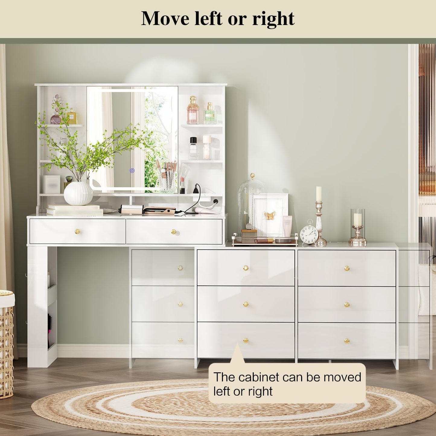 Ieejdn Makeup Vanity Desk with Mirror and Lights, Vanity Desk with 8 Drawers & Storage Shelves, Vanity Table with Power Outlet, 3 Color Modes & Adjustable Brightness Dressing Table, Bedroom,White
