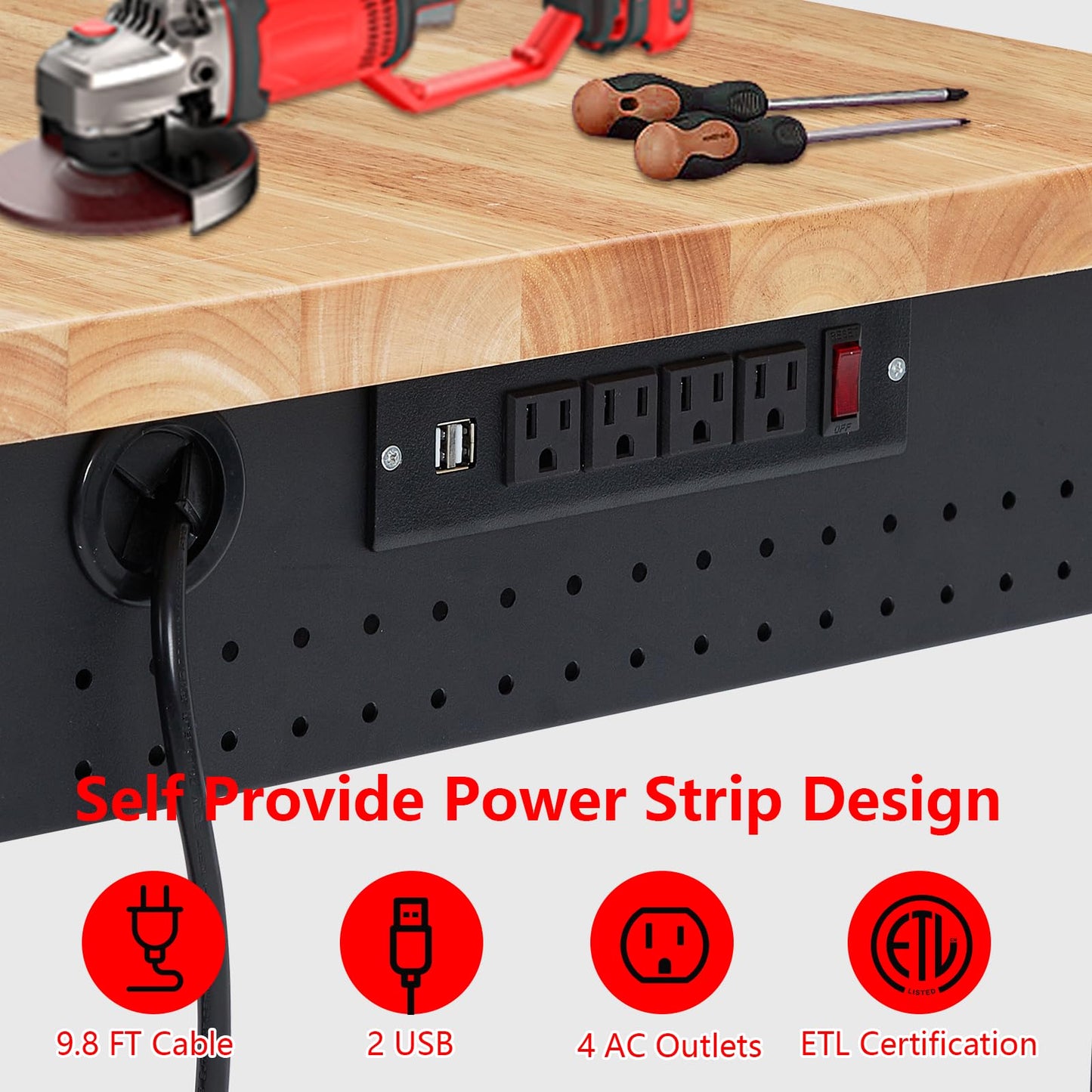 60''x22'' Adjustable Rolling Workbench, Heavy Duty Work Bench with Power Outlets, Lights, Storage Drawer, Pedboard, 30 Hooks, Wooden Tool Bench for Garage, Workshop