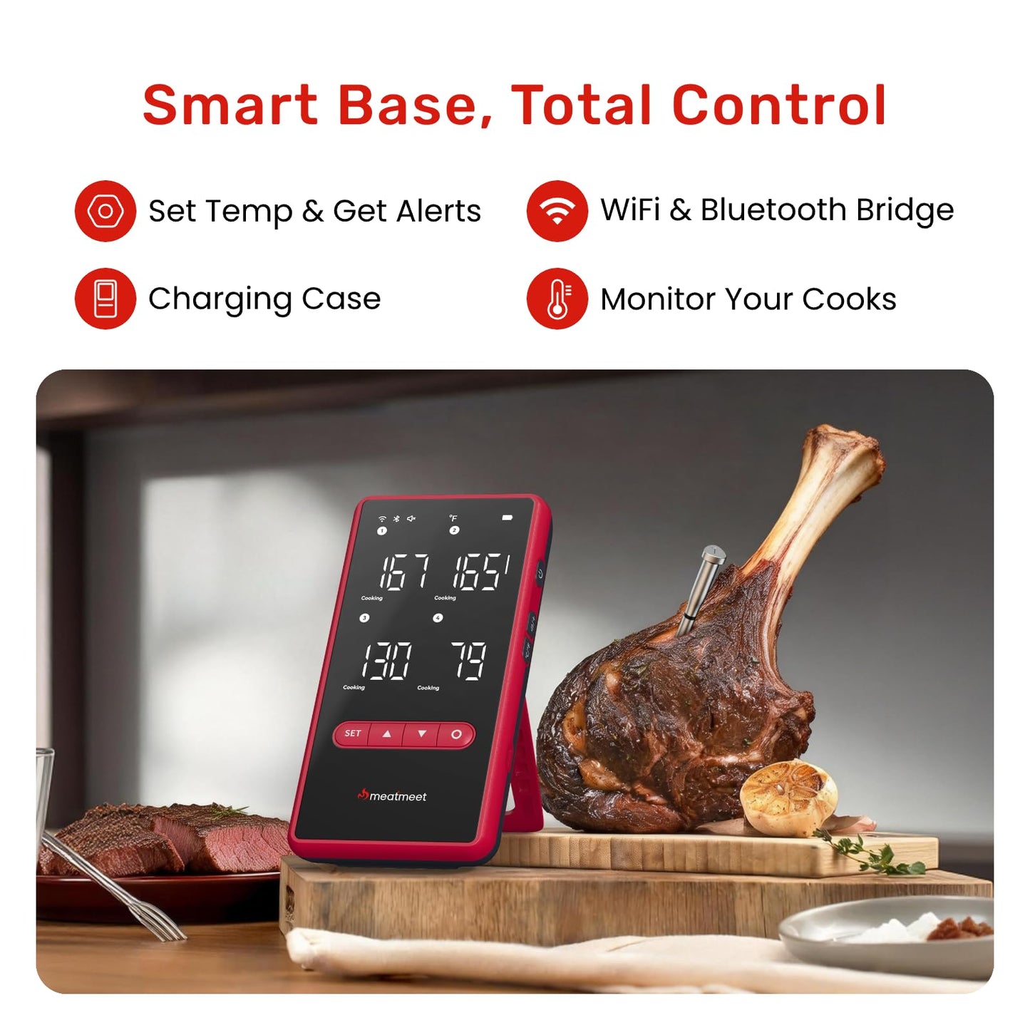 Meatmeet Wireless Bluetooth Meat Thermometer Digital, Standalone Base, WiFi Unlimited Range, AI guided cooking, 6 Sensors with ± 0.18°F Accuracy, 4 Probes for Kitchen, BBQ, Grill, Oven, Smoker (Z Pro)