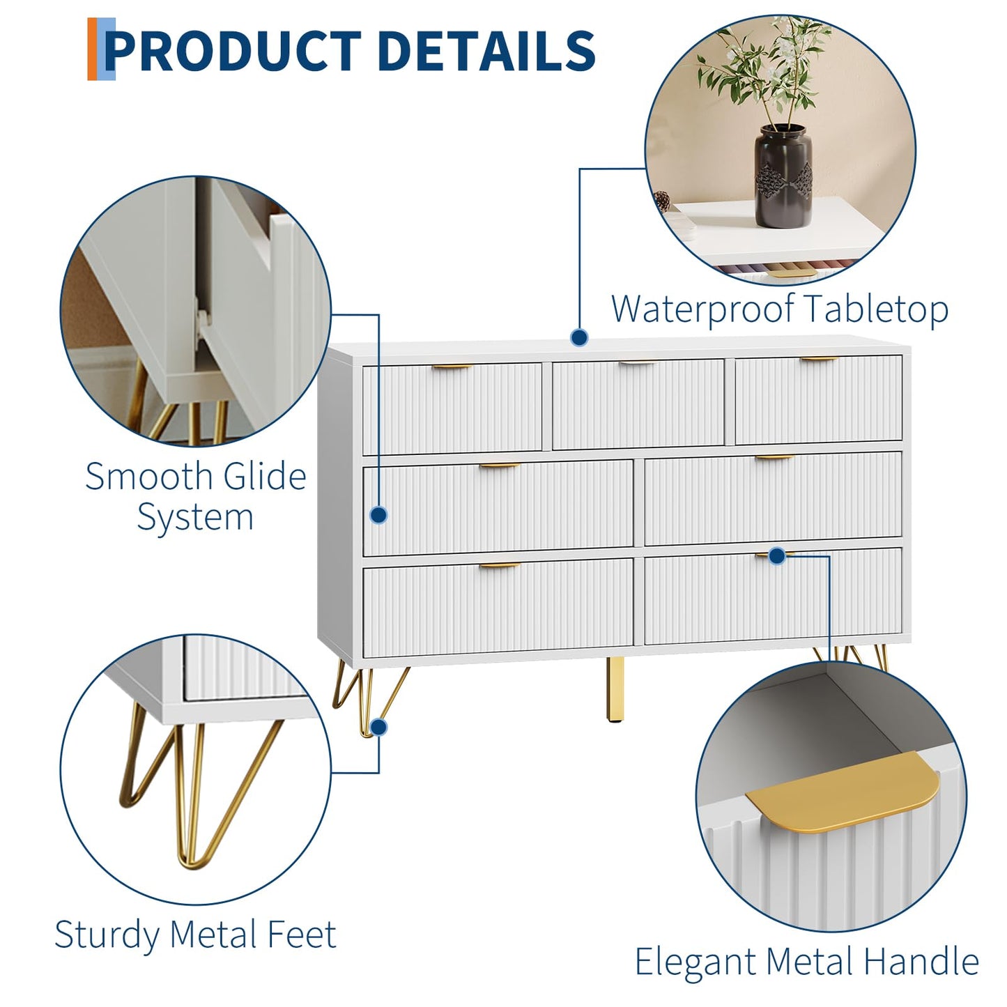 7 Drawer Dresser, 47.2" Wide Modern White Dresser for Bedroom, Wooden Chest of Drawer with Gold Metal Legs and Handles, Narrow Entryway Table Storage Organizer for Living Room, Hallway, Entryway