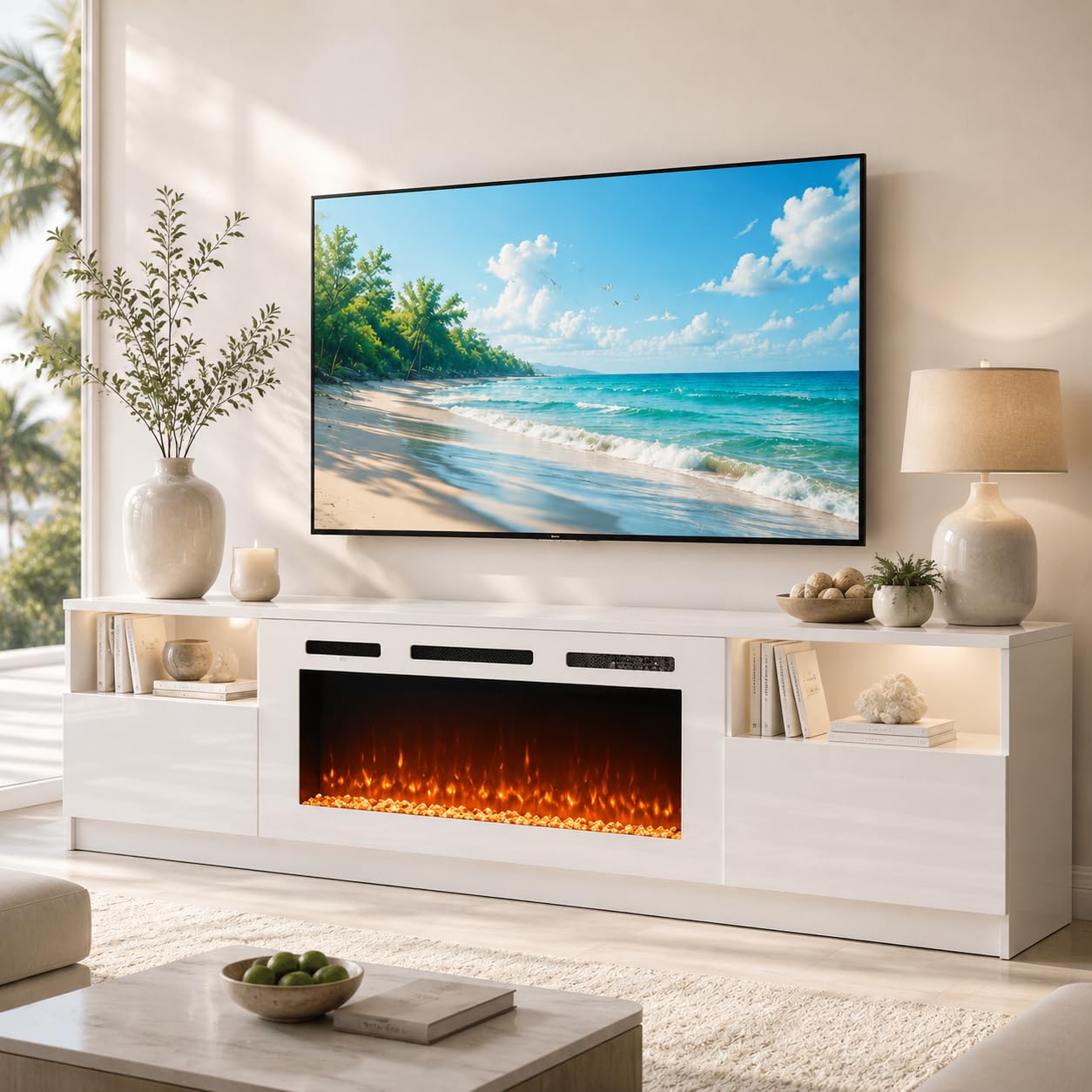 OneBlis 70" Fireplace TV Stand for TVs Up to 80",Entertainment Center with 36” Electric Fireplace and 12 Colors LED Lights,Large TV Console with Storage Cabinet for Living Room,All White
