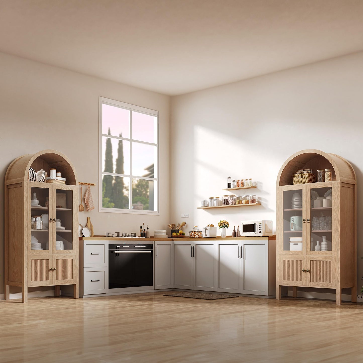 YITAHOME 71" Arched Cabinet Bookshelf Bookcase with LED Light/Wood Display Cabinet with Tempered Glass Doors and Adjustable Shelves/Kitchen Pantry with Storage for Living Room,Dining Room-Nature
