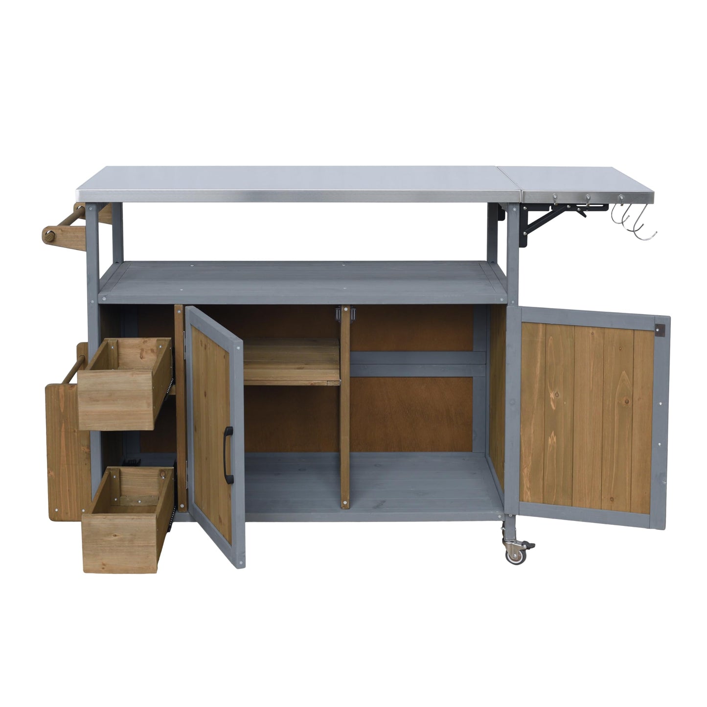 Christopher Knight Home Edsel Outdoor Bar Cart with Stainless Steel Top and Lockable Wheels, Solid Wood Outdoor Storage Cabinet, Kitchen Island Serving Cart for Poolside, Walnut Brown+Blue Gray