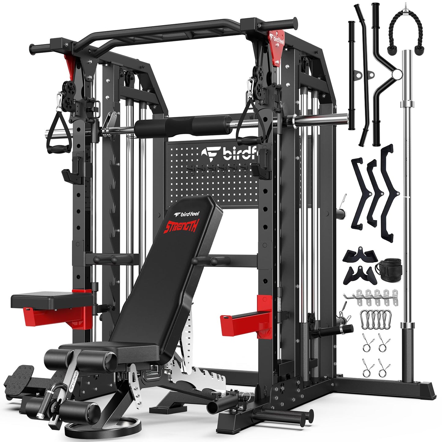 Birdfeel Multi-Function 2000LB Smith Machine Power Cage, Home Gym Squat Rack Featuring LAT Pulldown, Dual Pulley Cable Crossover, Gym-Quality Power Rack with Strength Training Attachments, Pegboard