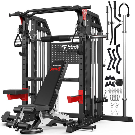 Birdfeel Multi-Function 2000LB Smith Machine Power Cage, Home Gym Squat Rack Featuring LAT Pulldown, Dual Pulley Cable Crossover, Gym-Quality Power Rack with Strength Training Attachments, Pegboard