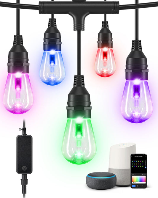 EDISHINE Smart Outdoor String Lights, 48ft Color Changing, 18 RGBW LED Bulbs, Waterproof, WiFi, Compatible with Alexa, Multi-colored S14 Bulbs