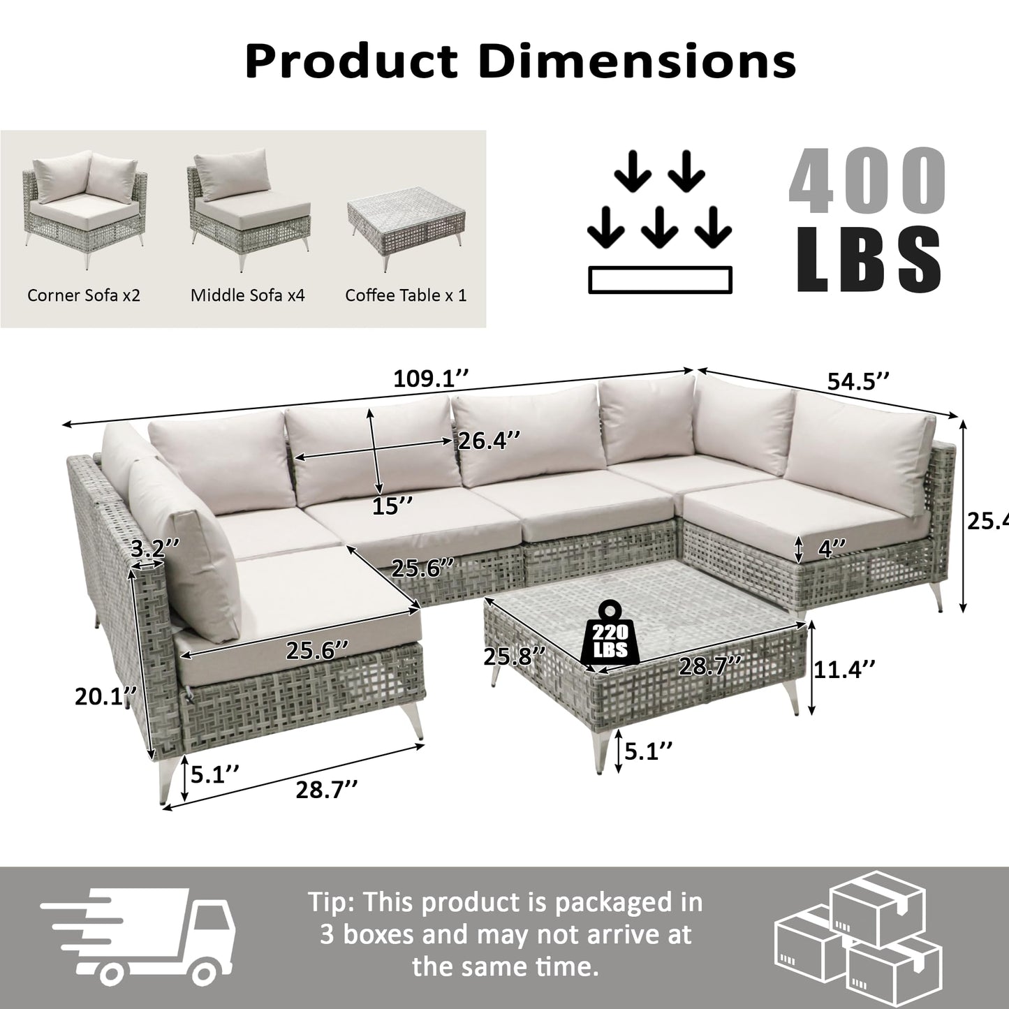 Merax 7 Piece Outdoor Patio Furniture Sets - 8-Seat PE Wicker Sectional Sofa w/Rattan Chaise Lounge & Thick Cushions, 29" Coffee Table w/Glass Top for Garden, Couch, Porch, Backyard Gray
