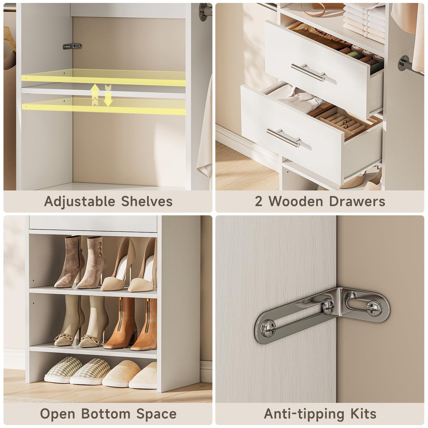 W2 Closet System with 2 Drawers, 3.5FT-7.7FT Closet Organizer System with 4 Chrome-Plated Telescopic Rods & 5 Adjustable Shelves, Custom Wood Walk-In Closet Clothing Rack, White