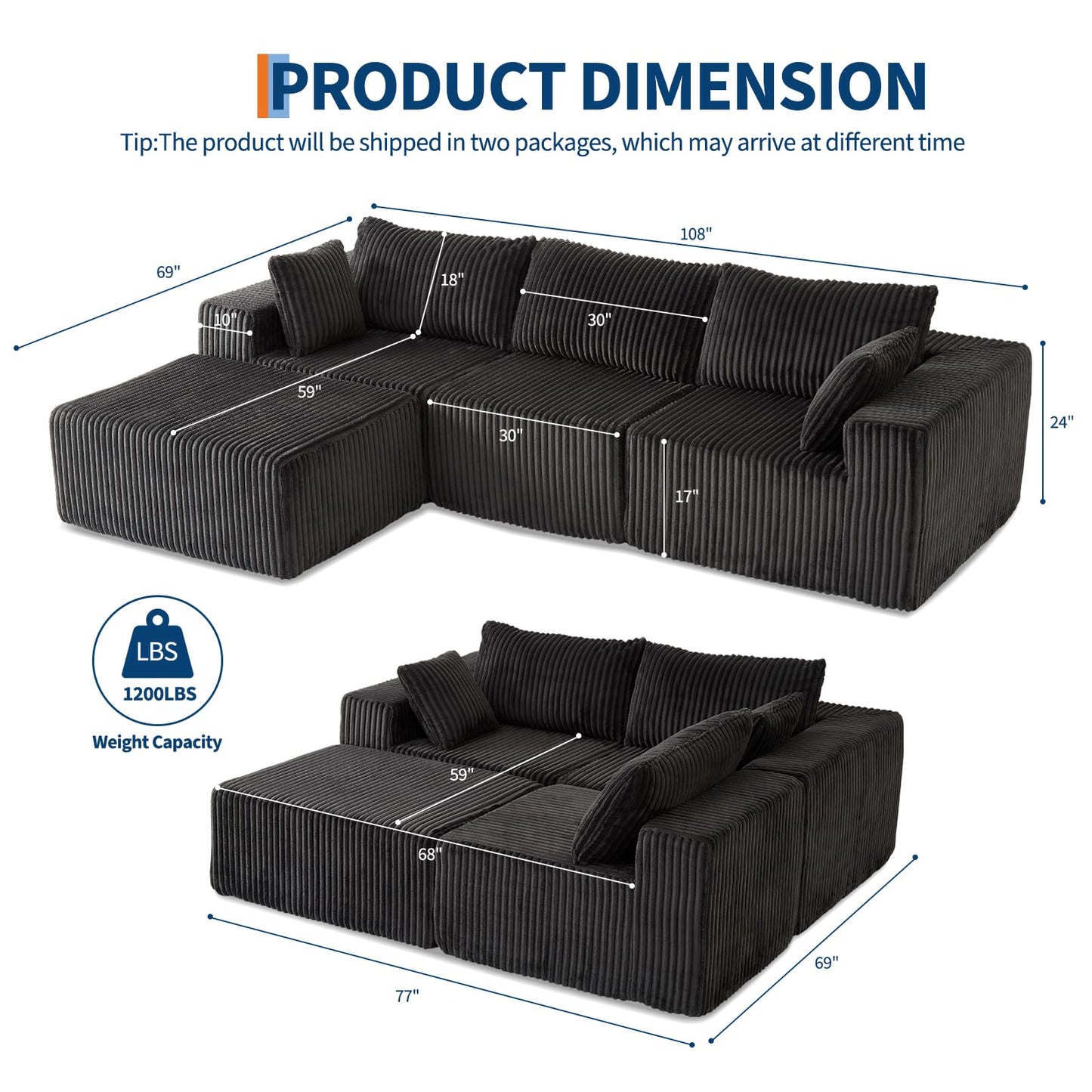 108" Modular Sectional Sofa Couches for Living Room Cloud Memory Boneless Couch No Assembly Required