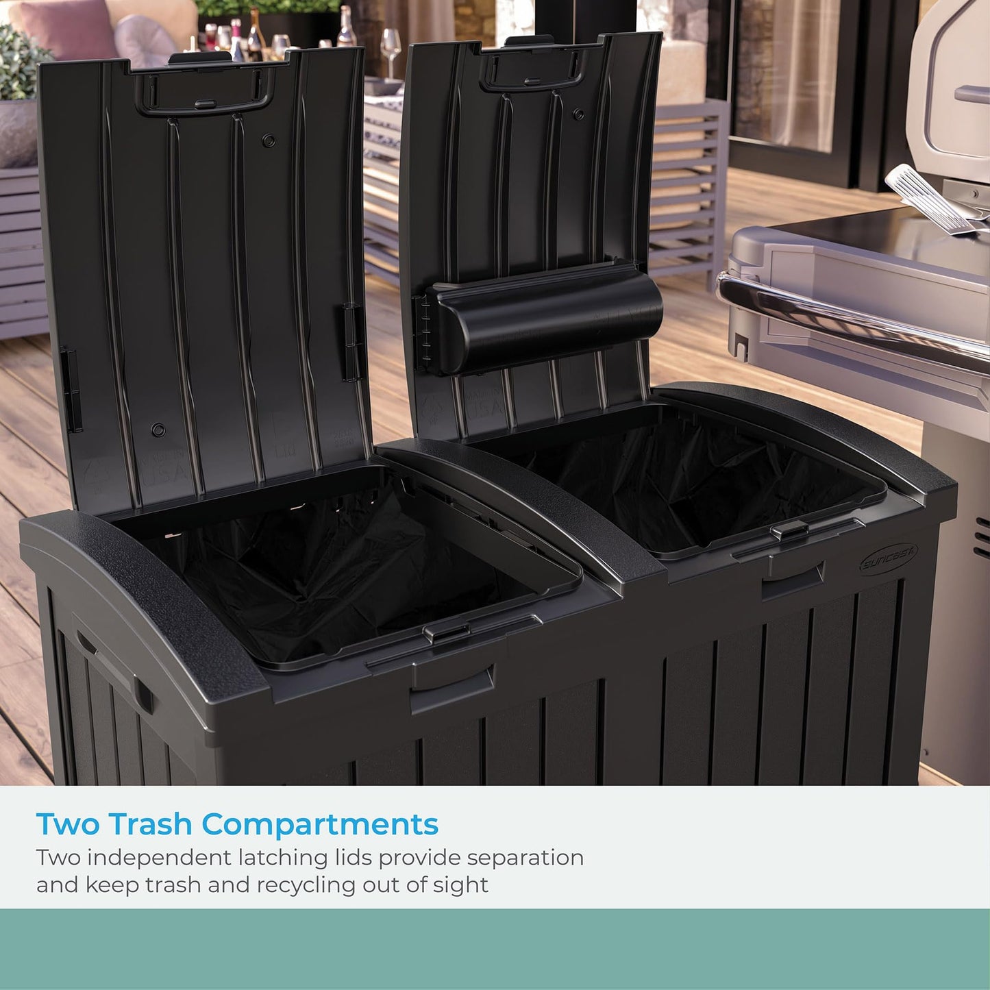 Suncast Dual Trash Hideaway Cabinet for Garbage and Recycle Bags, Discrete Outdoor Trash Cabinet with Concealed Trash Bag Holders, Holds Two 33-Gal. Bags, Made in the USA