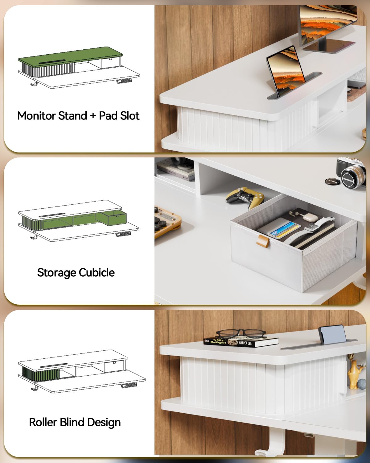 JOY worker Small Electric Standing Desk, 35" x 25" Height Adjustable Desk with Built-in Monitor Stand & Storage Drawer, White Sit Stand Table with 2 Hooks for Home Office
