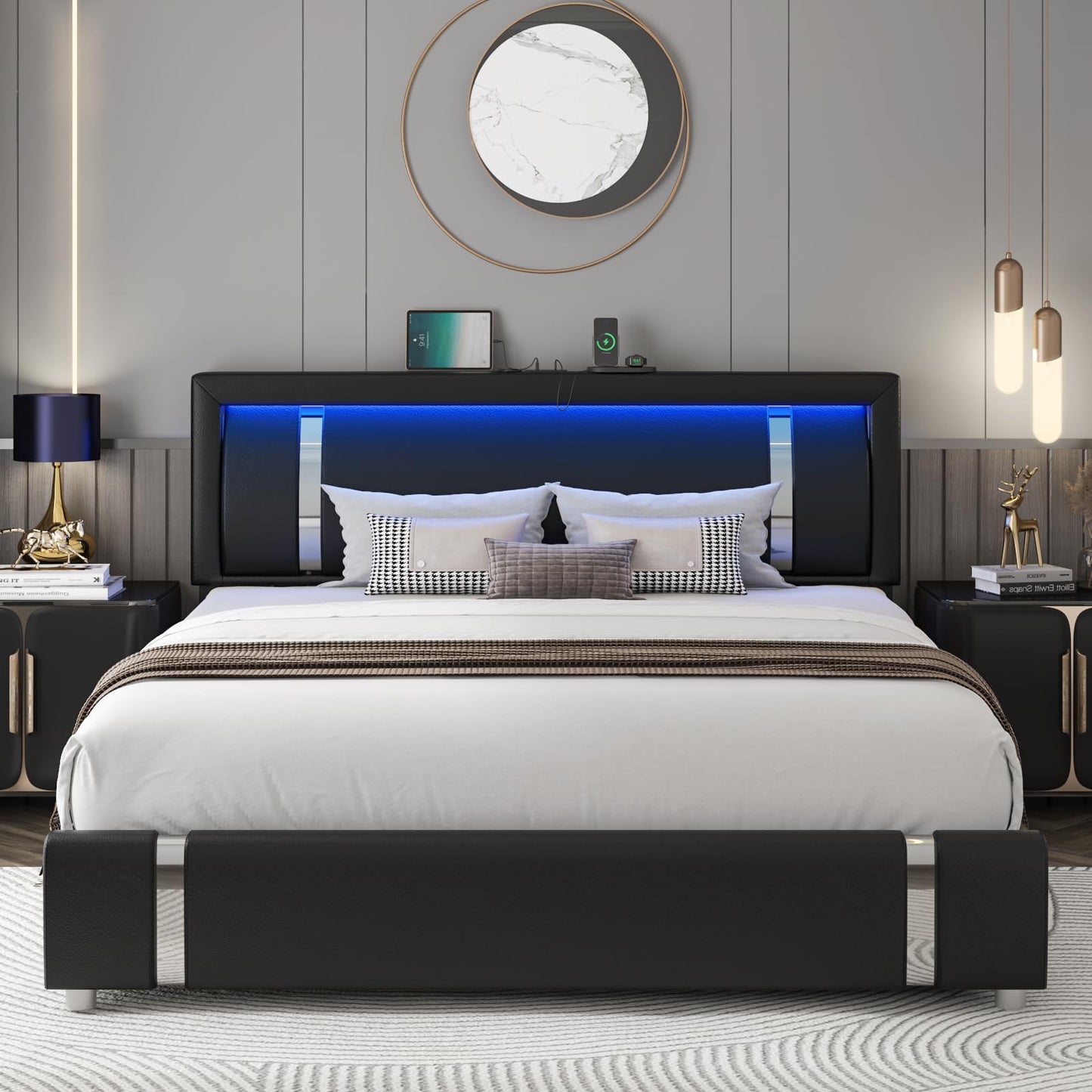 Keyluv King Size Bed Frame with RGB LED Lights & 2 Storage Drawers, Modern Upholstered Platform Bed with Iron Metal Decor, USB Charging Ports, Black