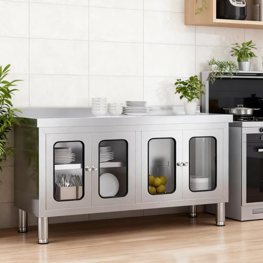 59" Stainless Steel Table Cabinet Heavy Duty Prep Table with 304 Stainless Steel Worktop and 4 Glass Doors Commercial Worktable Workbench with Storage Cabinet for Kitchen Garage Restaurant Outdoor