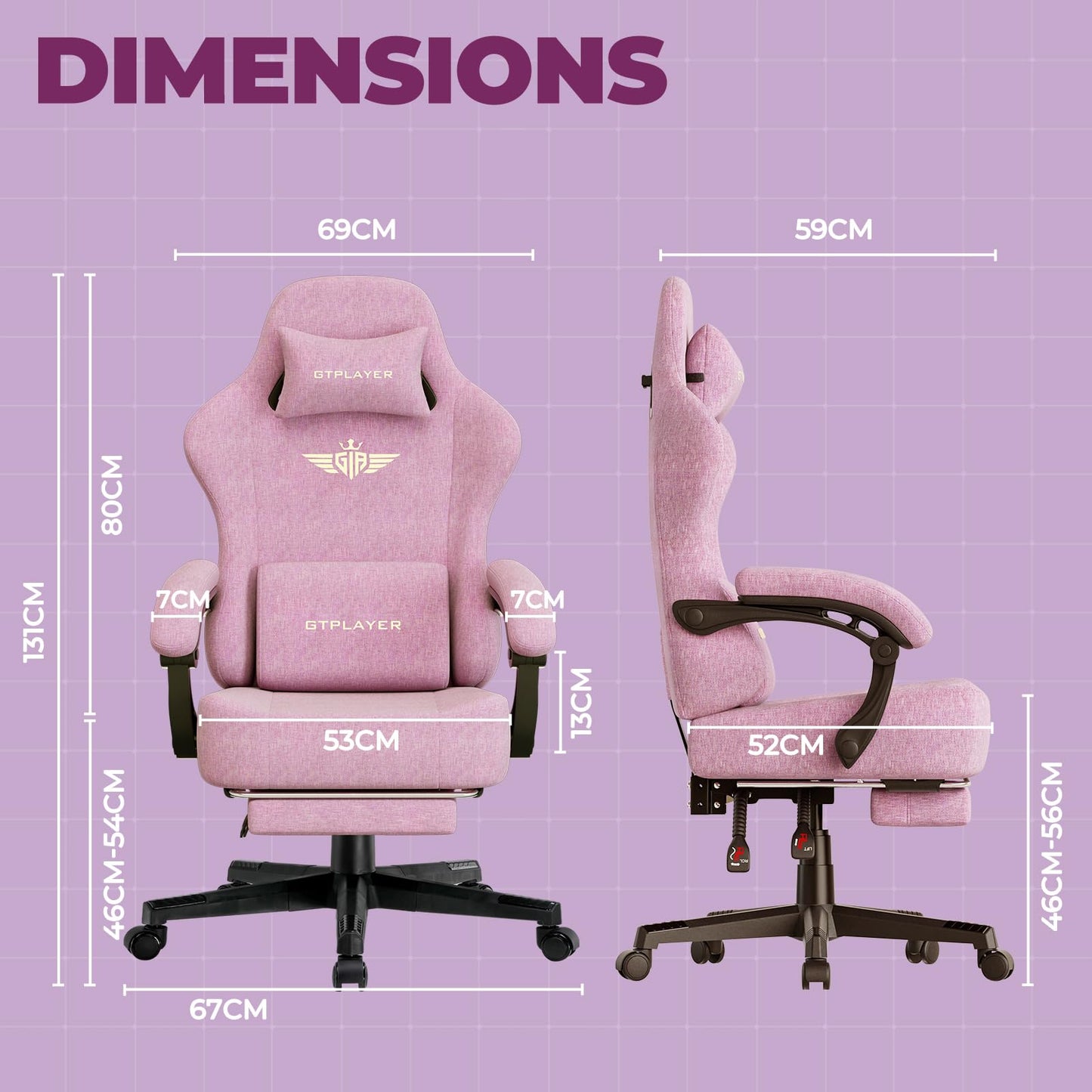 GTPLAYER Big and Tall Gaming Chair with Pocket Spring Cushion, High Back Ergonomic Computer Chair with Footrest for Adults Lumbar Support Swivel Game Chair for Office Gaming 350LBS, Fabric Pink