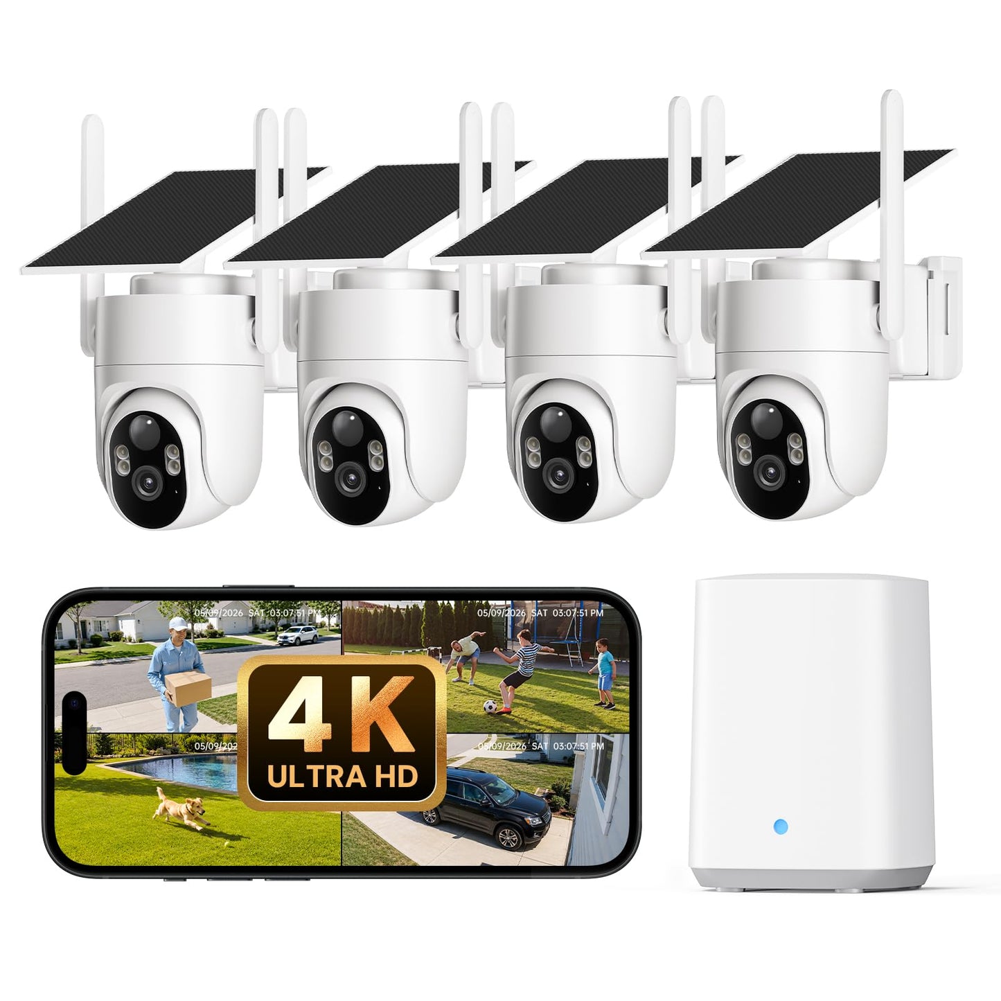 ELYSOO 4K Security Cameras Wireless Outdoor, No Subscription, Solar Camera for Home Security System, Encrypted Local Storage, 360° PTZ with Auto Tracking, Color Night Vision, 4-Cam Kit