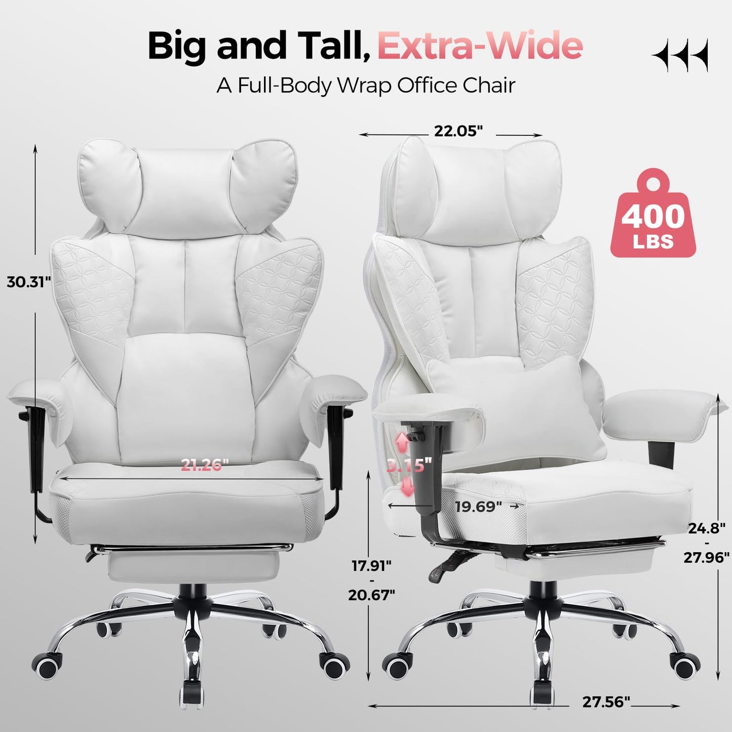 GTPLAYER Big and Tall Gaming Chair 400lbs Heavy Duty Office Chair with Foot Rest & Ergonomic Pocket Spring Lumbar Support, High Back Executive Computer Desk Chair for Lower Back Pain Relief, White