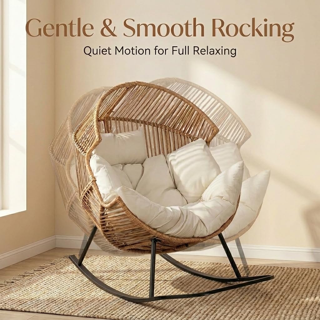 Oversized Outdoor Rocking Chair Set of 2, Wicker Egg Patio Lounge Chair Basket Seat with Thick Cushion, All Weather Indoor Outdoor Porch Rockers for Balcony, Living Room, Lawn Garden
