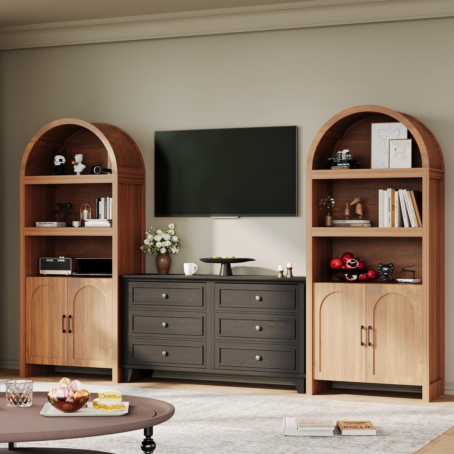 IDEALHOUSE 71" Tall Bookshelf Arched Cabinet with Storage, Mid-Century Bookcase Modern Wooden Kitchen Pantry Display Storage Cabinet with Open Adjustable Shelves for Living Room Home Office