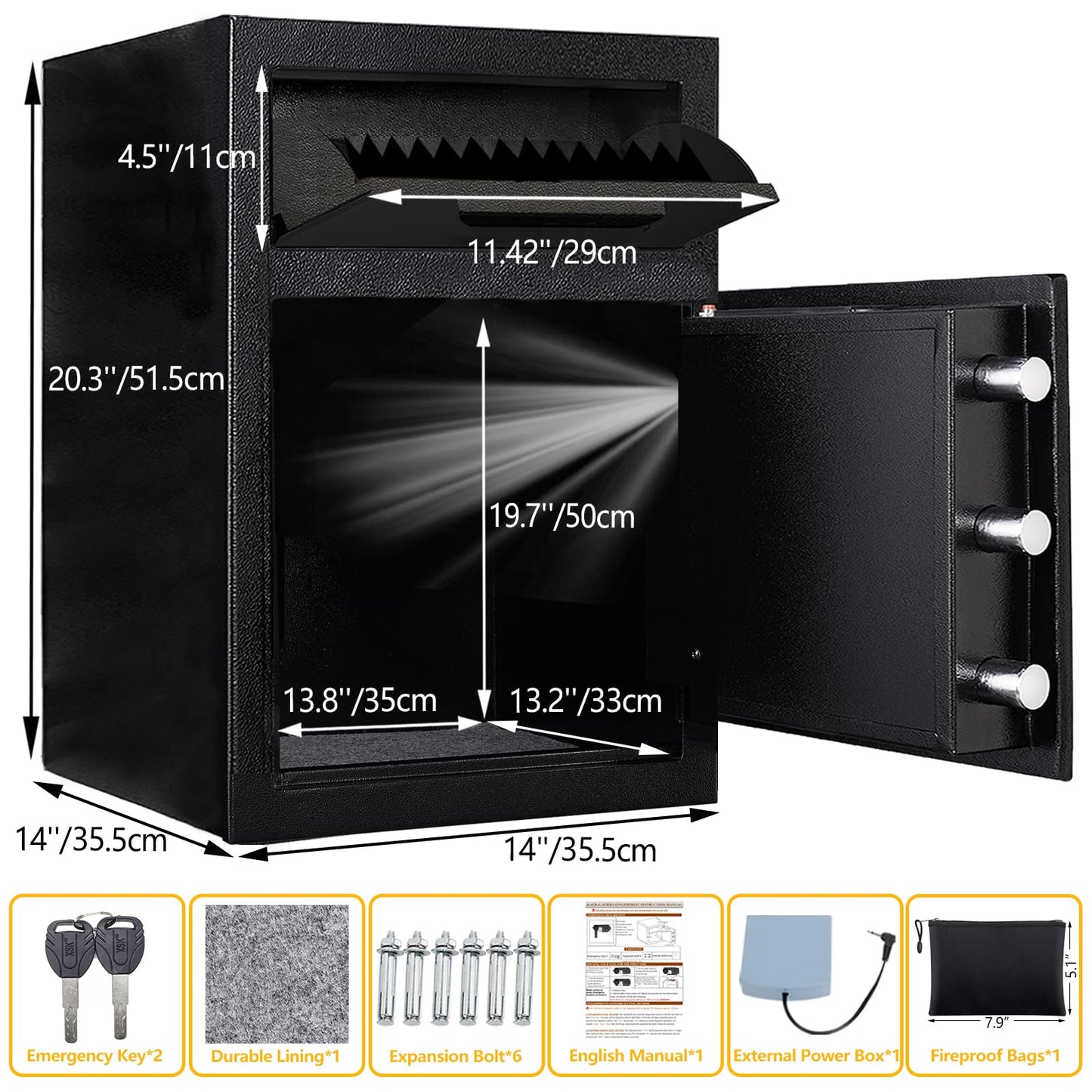 2.8 CUB Depository Drop Safe Fireproof, Front Drop Slot Lock Box with Digital Combination and Anti-Fishing, Silent Deposit Safe Box, Security Money Safe for Cash Slips Expense Business Office Home