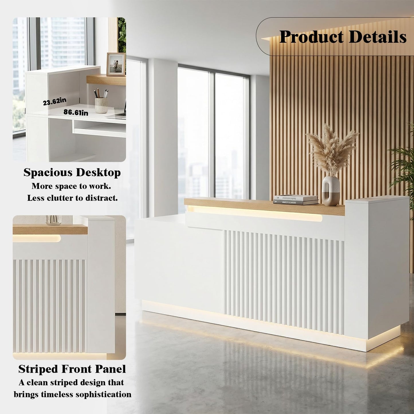 Laxodor 86.6" L-Shaped Reception Desk with LED Lights, Slatted Grille & Built-in Outlets, White Front Counter with Dimmable Switch for Salon, Retail & Office
