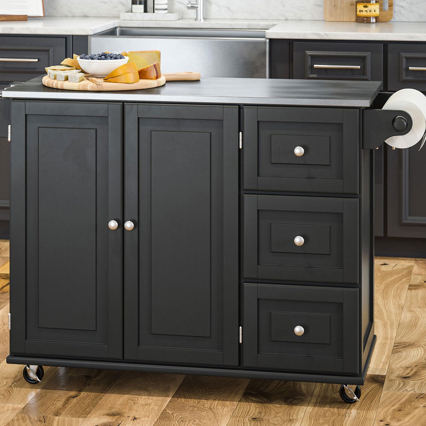 Homestyles Dolly Madison Black Mobile Kitchen Island Cart with Stainless Steel Top