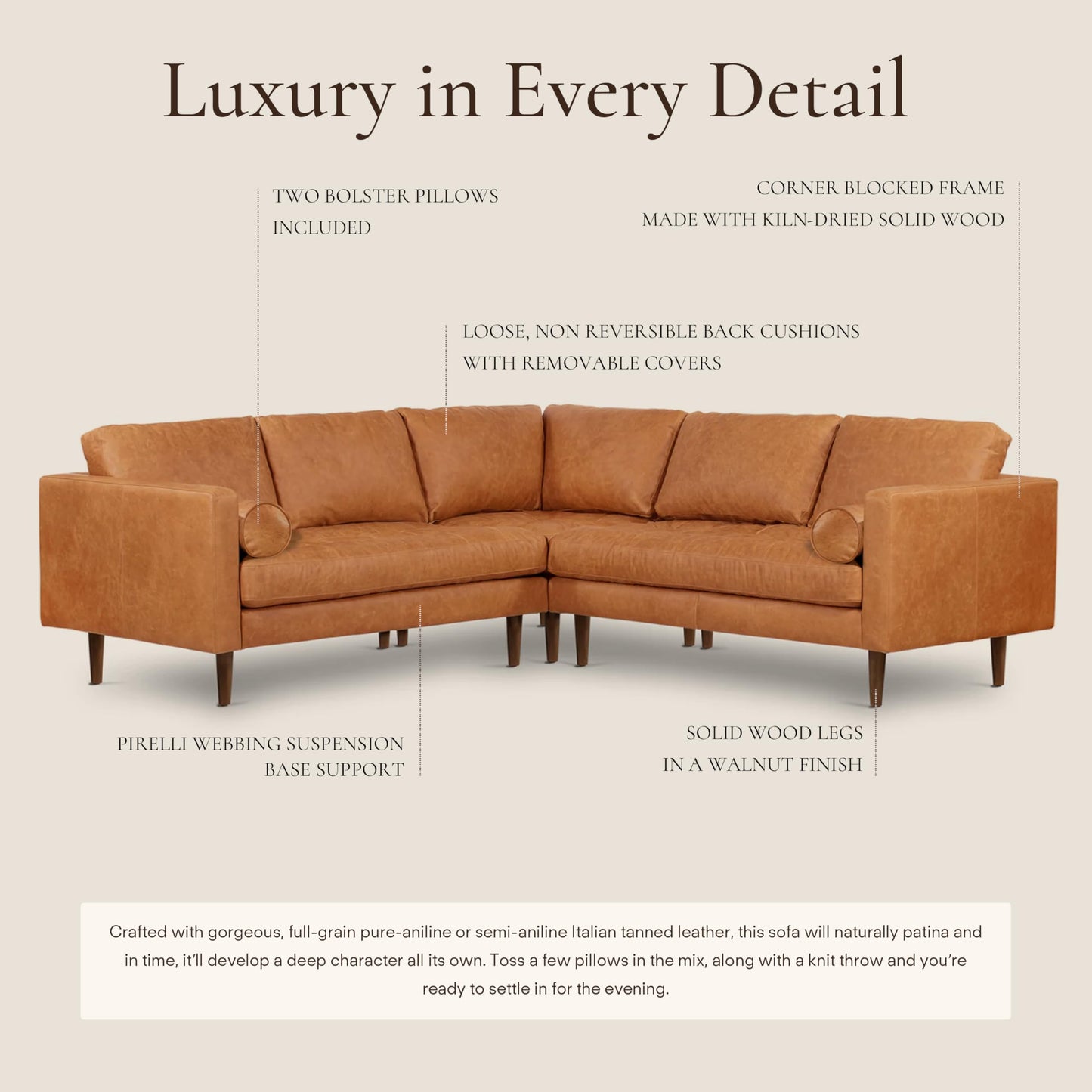 Poly & BARK Napa 98” Leather Corner Sectional Sofa – Full-Grain Italian-Tanned Aniline Leather, Feather-Down Comfort, Solid Wood Frame – Cognac Tan