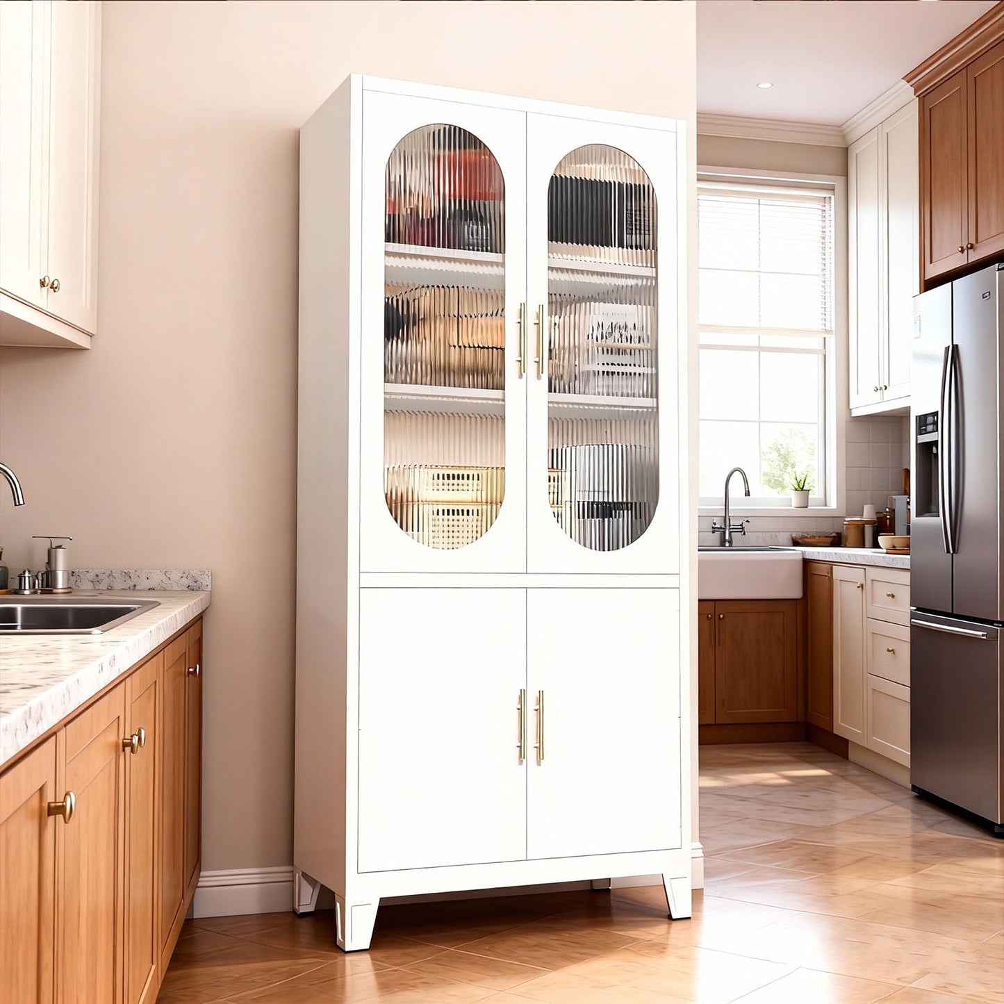 GarveeHome 70 Inch Tall White Pantry Cabinet for Small Spaces – Freestanding Kitchen Storage Cupboard with Frosted Glass Doors & Customizable Interior, Fits Bathroom, Dining or Home Office