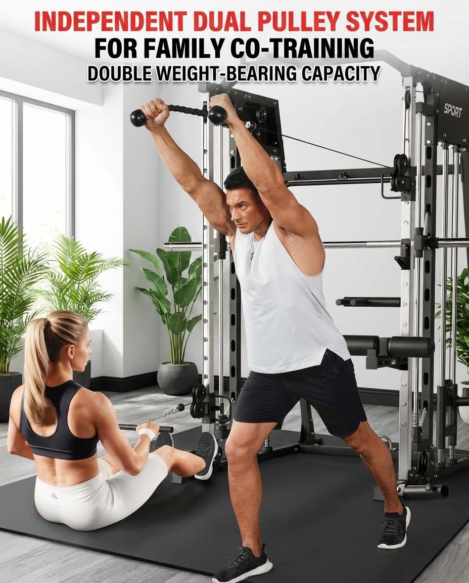Smith Machine Home Gym All-in-1, 2200LBS Power Cage with Dual Cable Pulley Systems, LAT Pull-Down & Leg Hold-Down | Complete Strength Training Equipment for Full Body Workouts