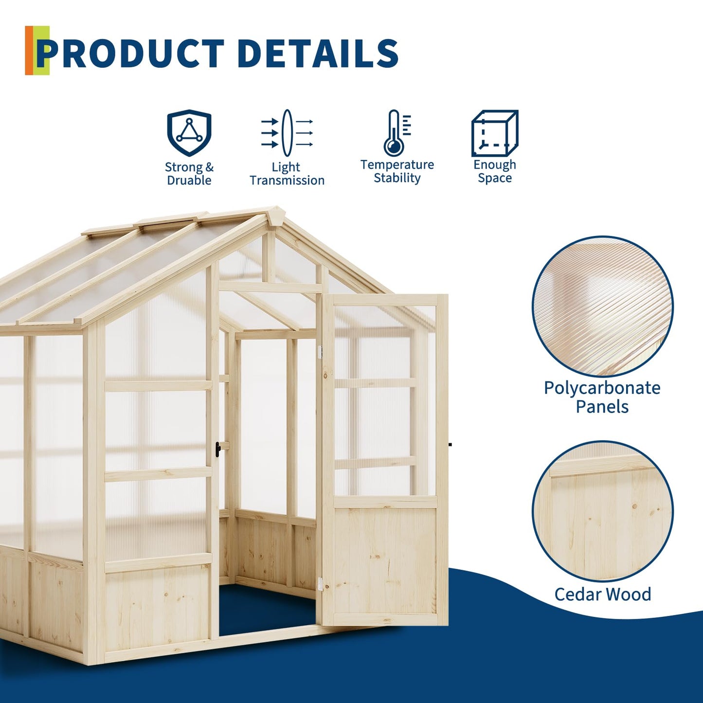 Garvee 8x6 ft Wooden Greenhouse, Greenhouses for Outdoors with Lockable Door, Wood Frame & Adjustable Vent, Heavy Duty Greenhouse with Polycarbonate Panel for Outside, Garden, Yard, Light Brown
