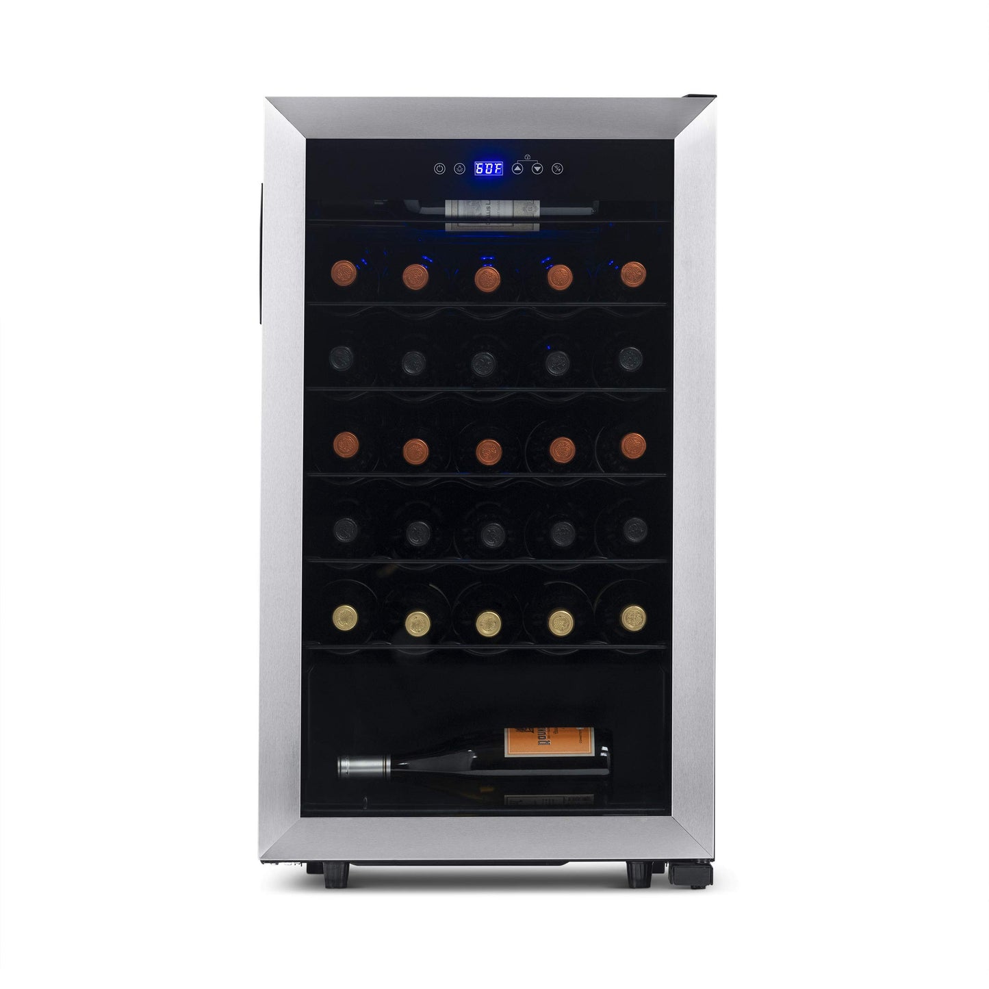 NewAir 33 Bottle Wine Fridge, Freestanding or Built-In Refrigerator, Stainless Steel Cooler, UV Protected Glass Door with Recessed Handle, Digital Thermostat