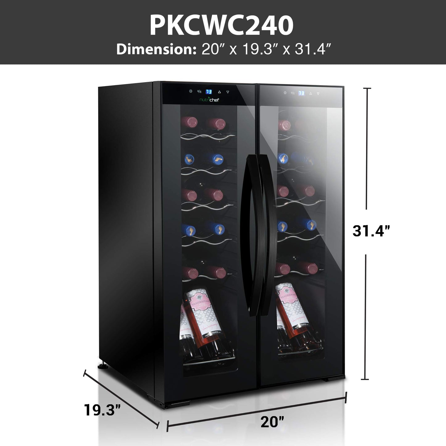 Nutrichef 24 Bottle Wine Fridge | Dual Zone Wine Chiller | Adjustable Temperature 41°F to 64°F | Ultra Quiet Operation | Wine Cooler For Home & Office | Free Standing 31x19x20 IN | Black