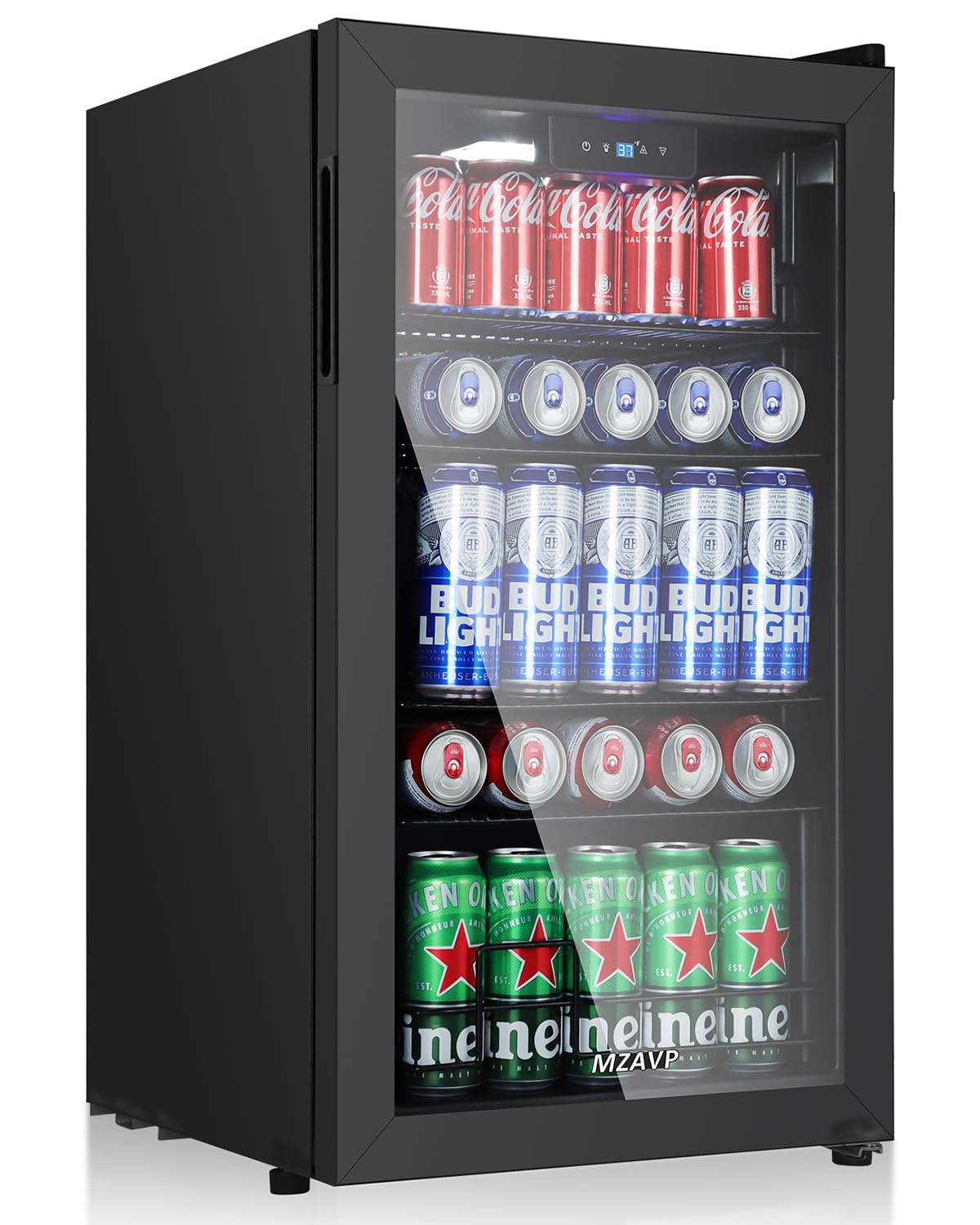 MZAVP 120 Cans Beverage Refrigerator Freestanding, Small Beverage Cooler with Glass Door, Mini Drink Fridge for Beer Soda, 3.0 Cu.Ft for Office, Home, Bar, White LED Light & Reversible Door - Black