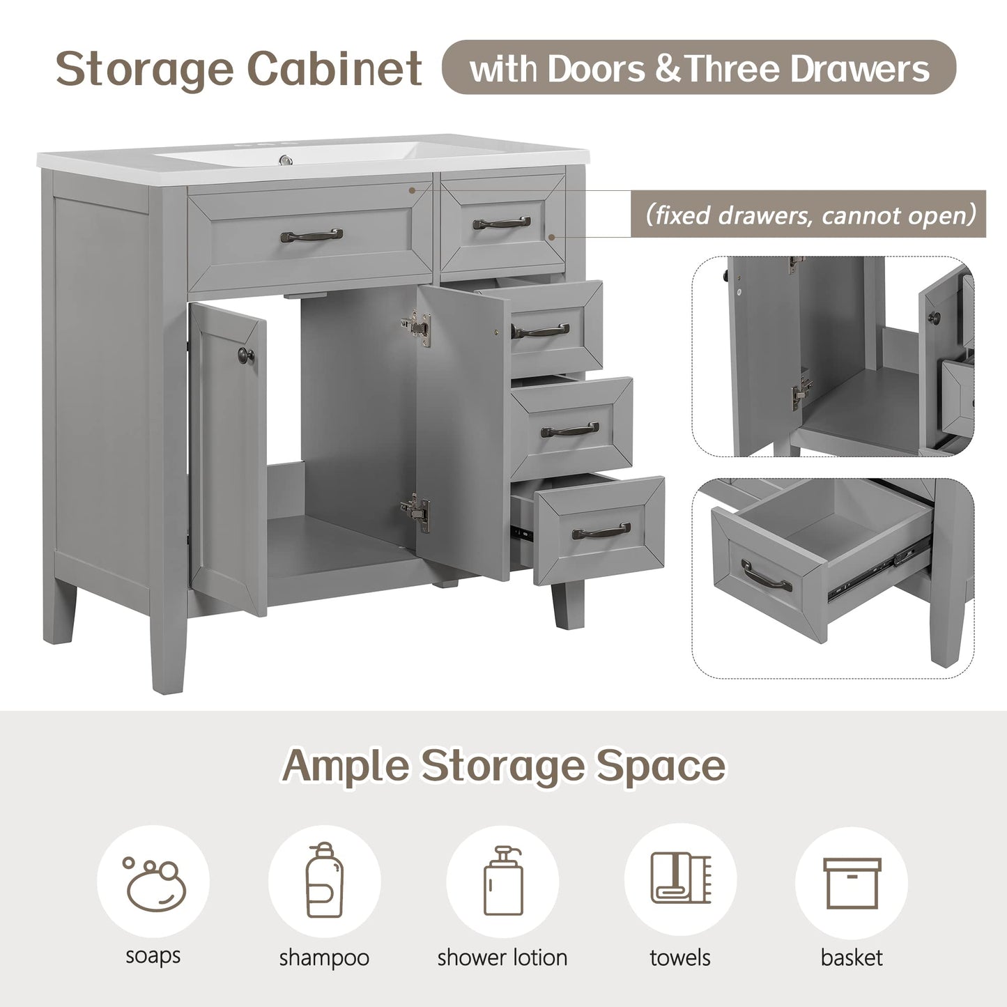 36" Bathroom Vanities with Sink Set Combo, Cabinet with 3 Drawers and 2 Soft-Closing Doors, Solid Wood Frame & MDF Board