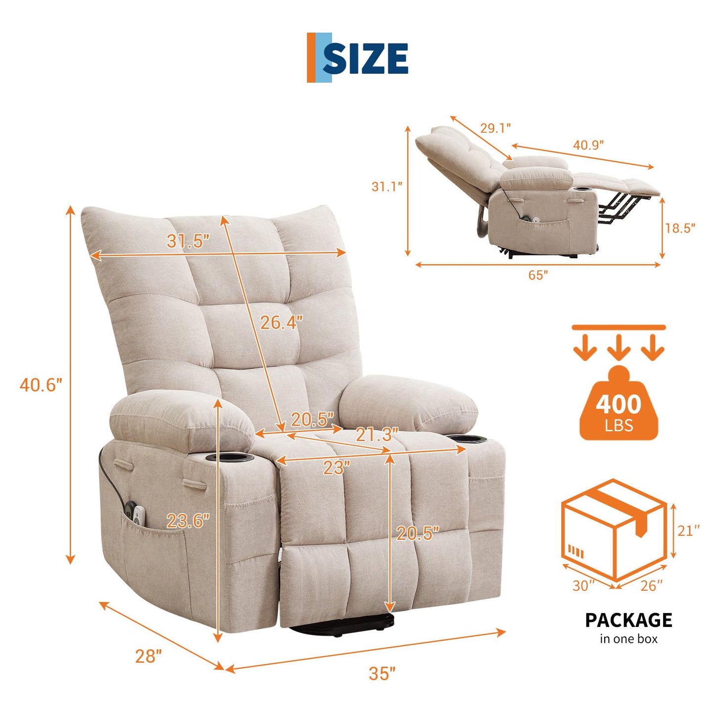 GarveeHome Power Lift Recliner Chair for Elderly with Massage and Heat, Oversized Electric Massage & Heat Recliner with Soft Padded Upholstery, Side Pocket & Cup Holders for Living Room, Beige