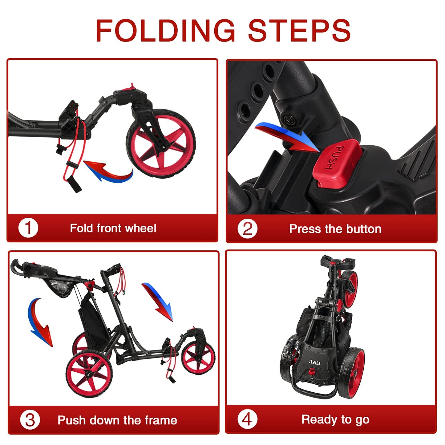 KVV 3 Wheel 360 Rotating Front Wheel Foldable/Collapsible Golf Push Cart with Foot Brake Open and Close in ONE Second-Free Umbrella Holder Included(Black/Red)