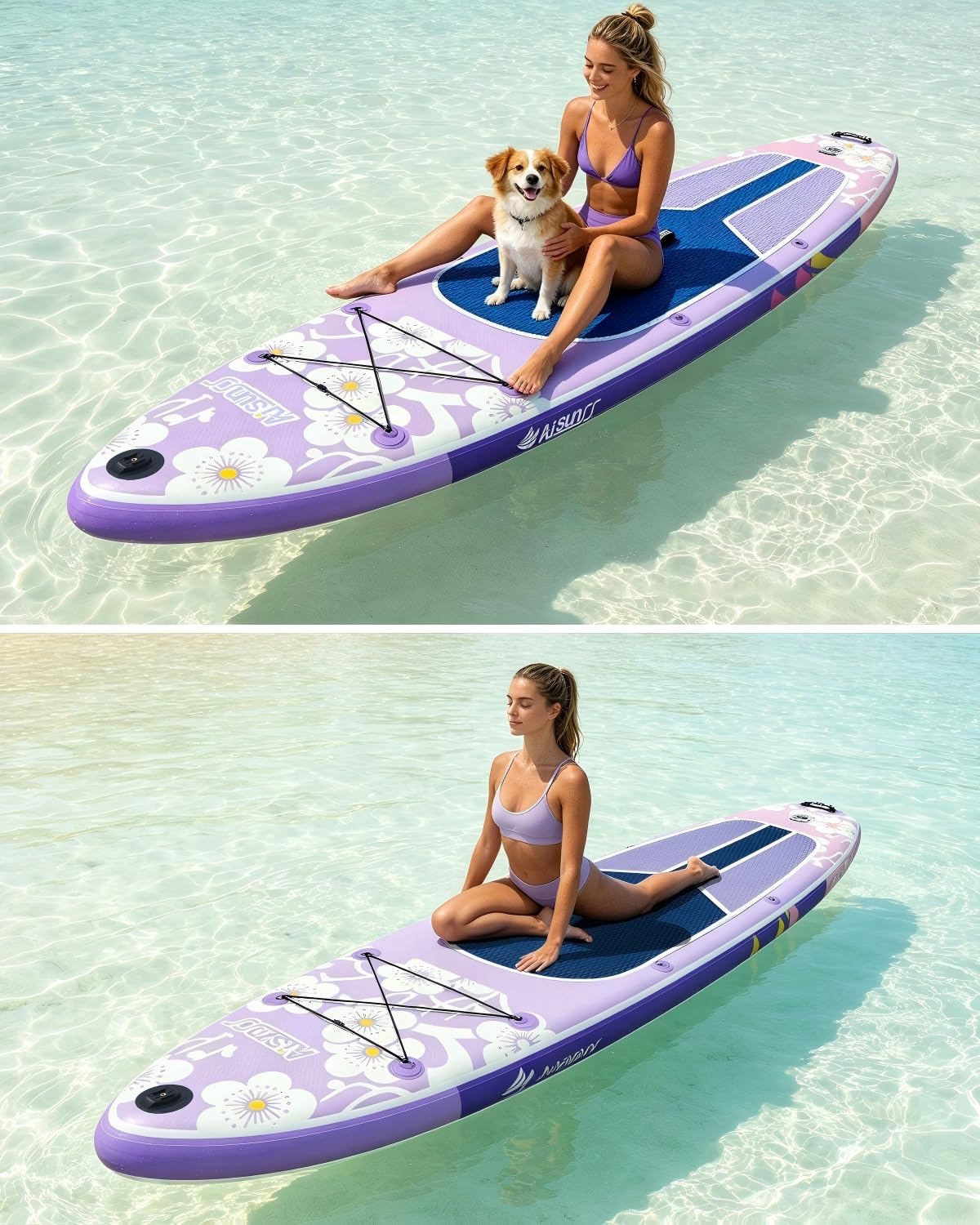 AISUNSS Inflatable Paddle Board for Adult, Paddle Board for All Skill Levels, Wide SUP Board with Primium Accessories Include SUP Carry Bag, Hand Pump, 10L Waterproof Bag (Flowers Light Purple)