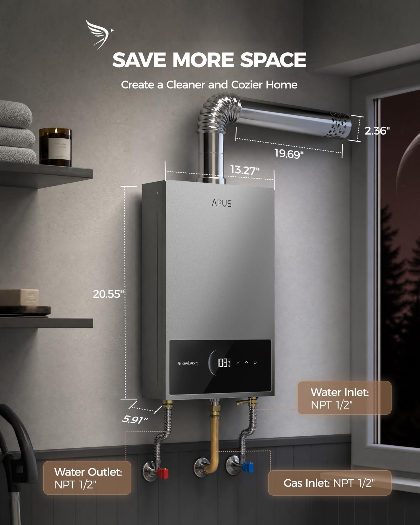 APUS Tankless Water Heater Propane Gas, Up to 5.43 GPM, Indoor Hot Water Heater, 120,000 BTU on Demand Instant Hot Water Heaters with Smart Digital Display, Space Gray