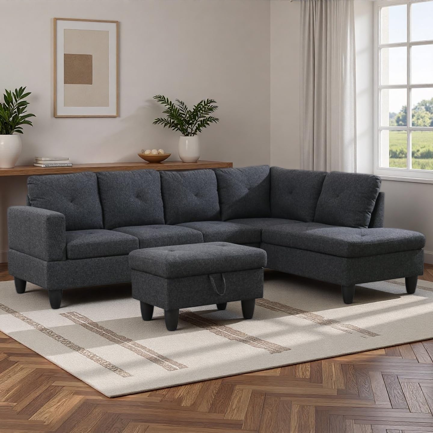 NicBex Sectional Couch 3 Pieces Sofa Set, L-Shaped Modular Couches for Living Room, Furniture Sets with Lounge Chaise & Storage Ottoman, Multi-Scene Use for Apartment & Office, Black Grey