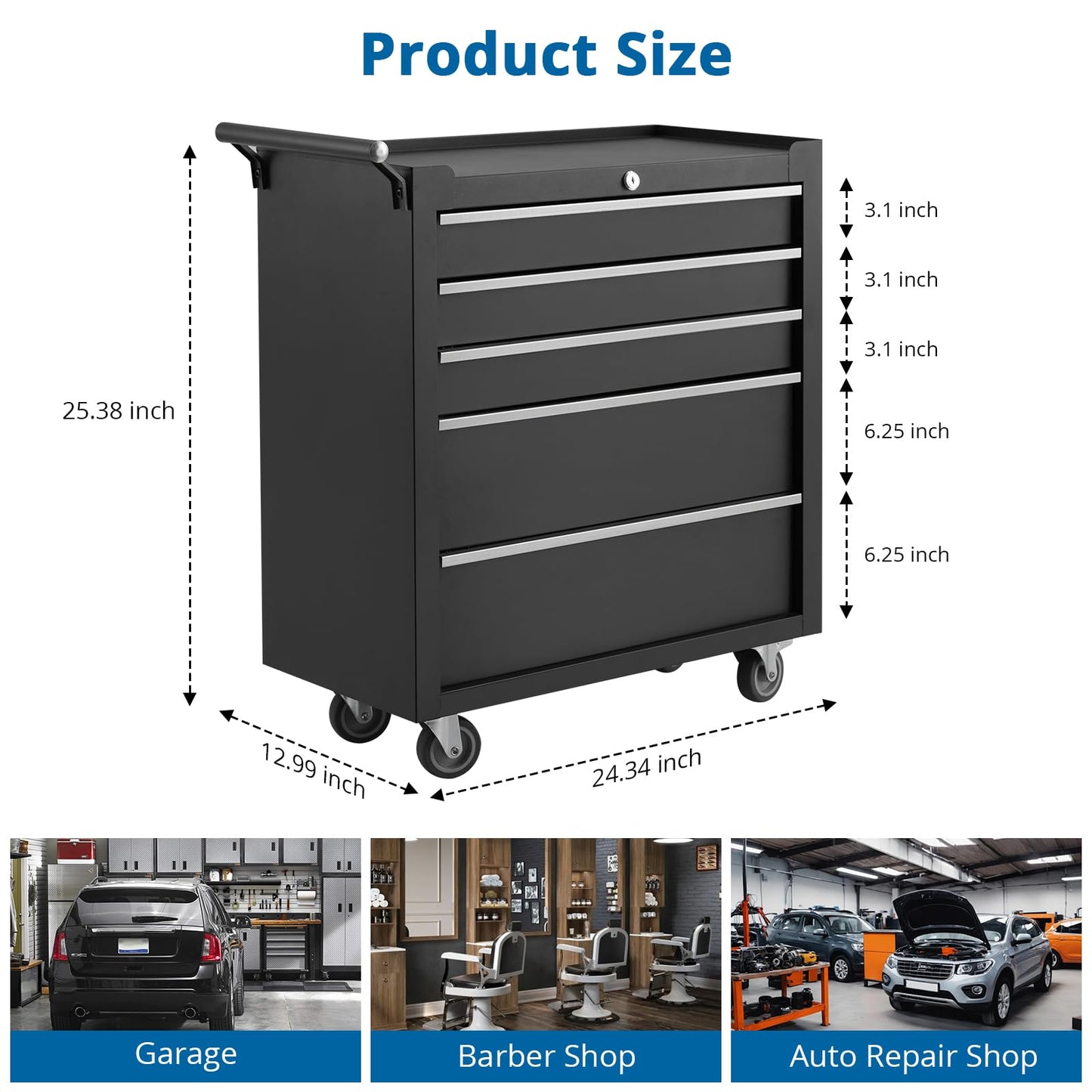5-Drawers Rolling Tool Chest, Tool Storage Cabinet Organizer with Wheels and Lock System, Portable Toolbox Cart for Garage, Warehouse, Workshop & Repair Shop