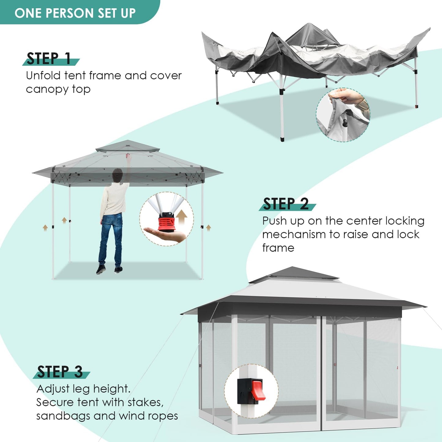 MAMIZO 13ft Pop Up Gazebo, Outdoor Instant Canopy Tent w/4 Netting Sidewall & Auto Extending Eave, Patio Gazebos Shelter w/Mesh Wall, Center Lock, Wheeled Bag for Garden, Yard (Grey, 13X13FT)