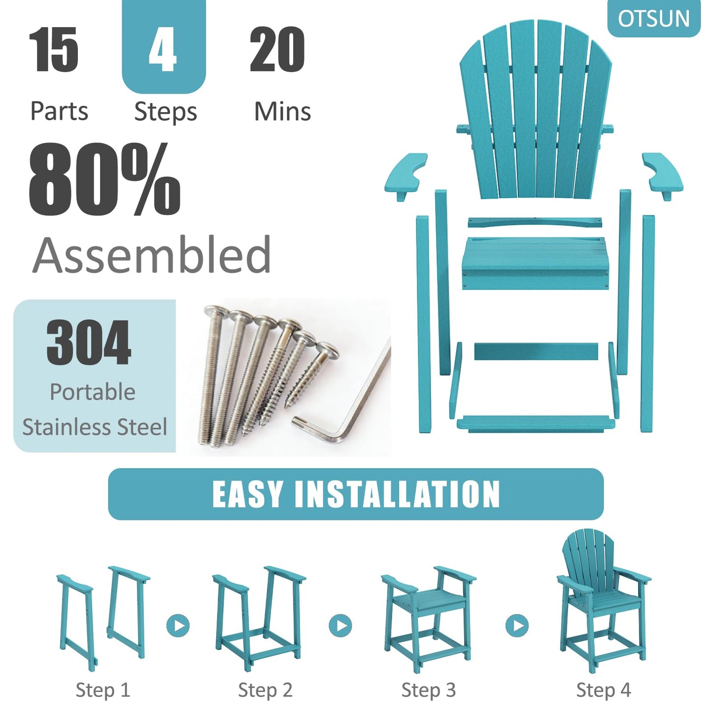 OTSUN Tall Modern Adirondack Chairs Set of 4, All Weather HDPE Bar Height Adirondack Stools Widened Durable Design for Porch Patio Yard Lawn Fire Pit Bistro Basement Indoors & Outdoors