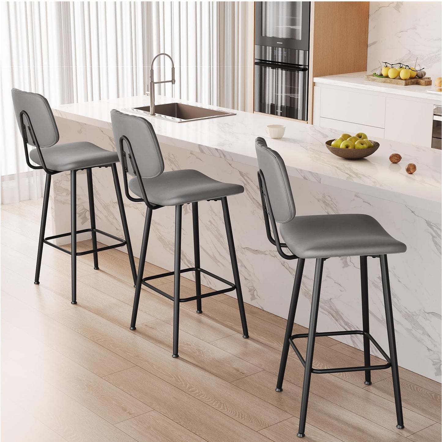 Raynesys 29-Inch Leather Bar Stools Set of 3, Counter Height Barstools with High Backrest，Bar Chairs for Kitchen Island with Heavy Duty Metal Base, Gray
